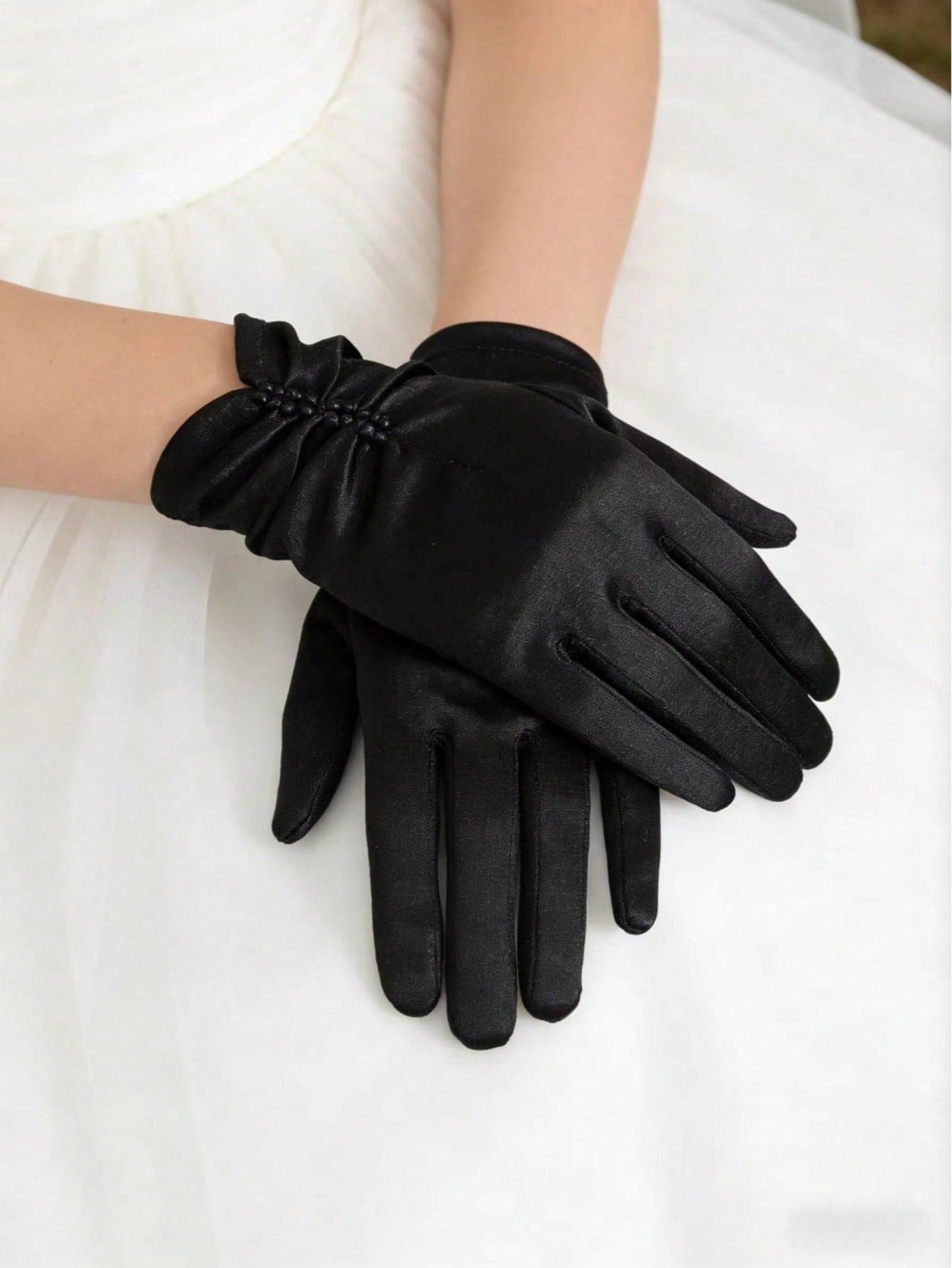 1 Pair White Elegant Bridal Pearl Satin Short Gloves, Suitable For Wedding Dress, Ball Gown, Party Outfit