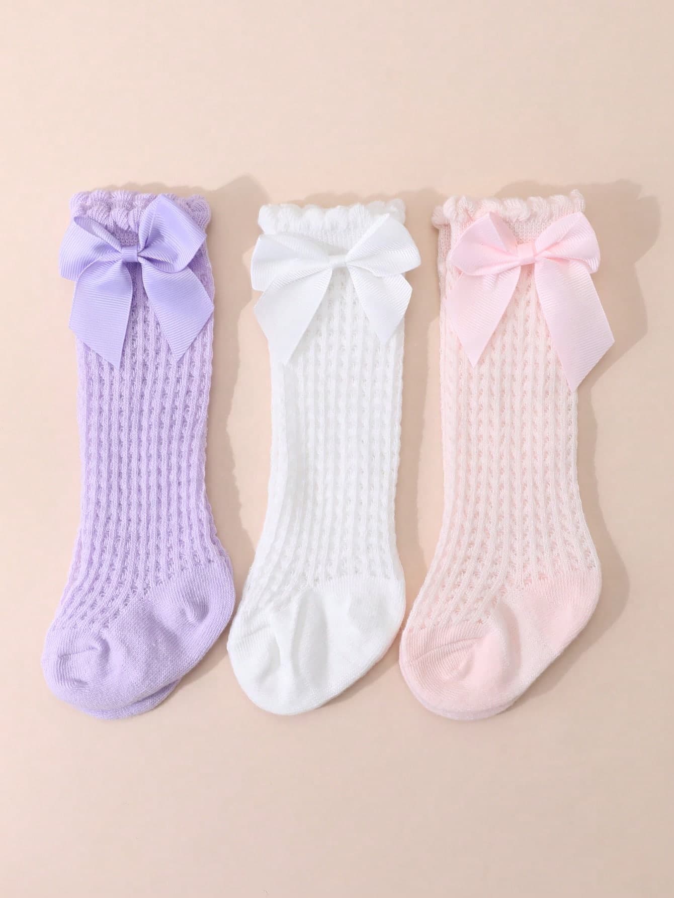 3 Pairs Baby Bowknot Mesh Mid-Calf Socks