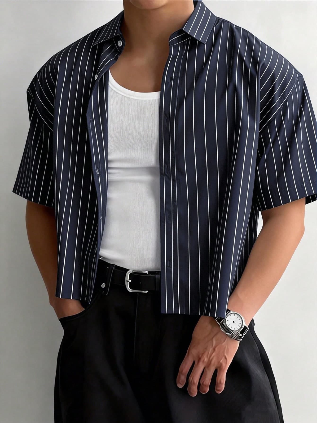 WAIT HIM Men's Vintage Vertical Striped Short Sleeve Shirt, Spring/Summer Lightweight Breathable Loose Fit Button-Up Shirt, Casual Silhouette Shirt
