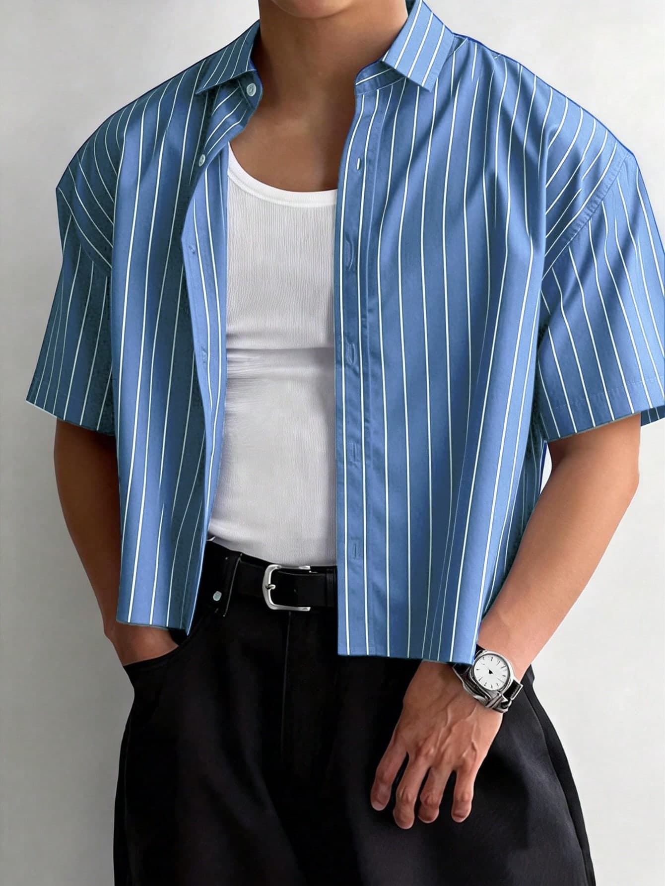 WAIT HIM Men's Vintage Vertical Striped Short Sleeve Shirt, Spring/Summer Lightweight Breathable Loose Fit Button-Up Shirt, Casual Silhouette Shirt