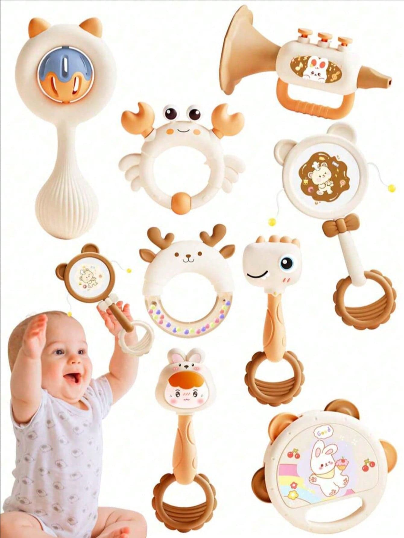 Baby Rattle Soothing Toy Set, Meets The Needs Of Children At Different Stages, Including Grasping, Shaking, Sound Recognition And Sensory Toys Such As Hand Rattle, Hand Drum, Mini Speaker, Suitable For Newborns And Infants As Birthday/Holiday Gifts (Random Color)