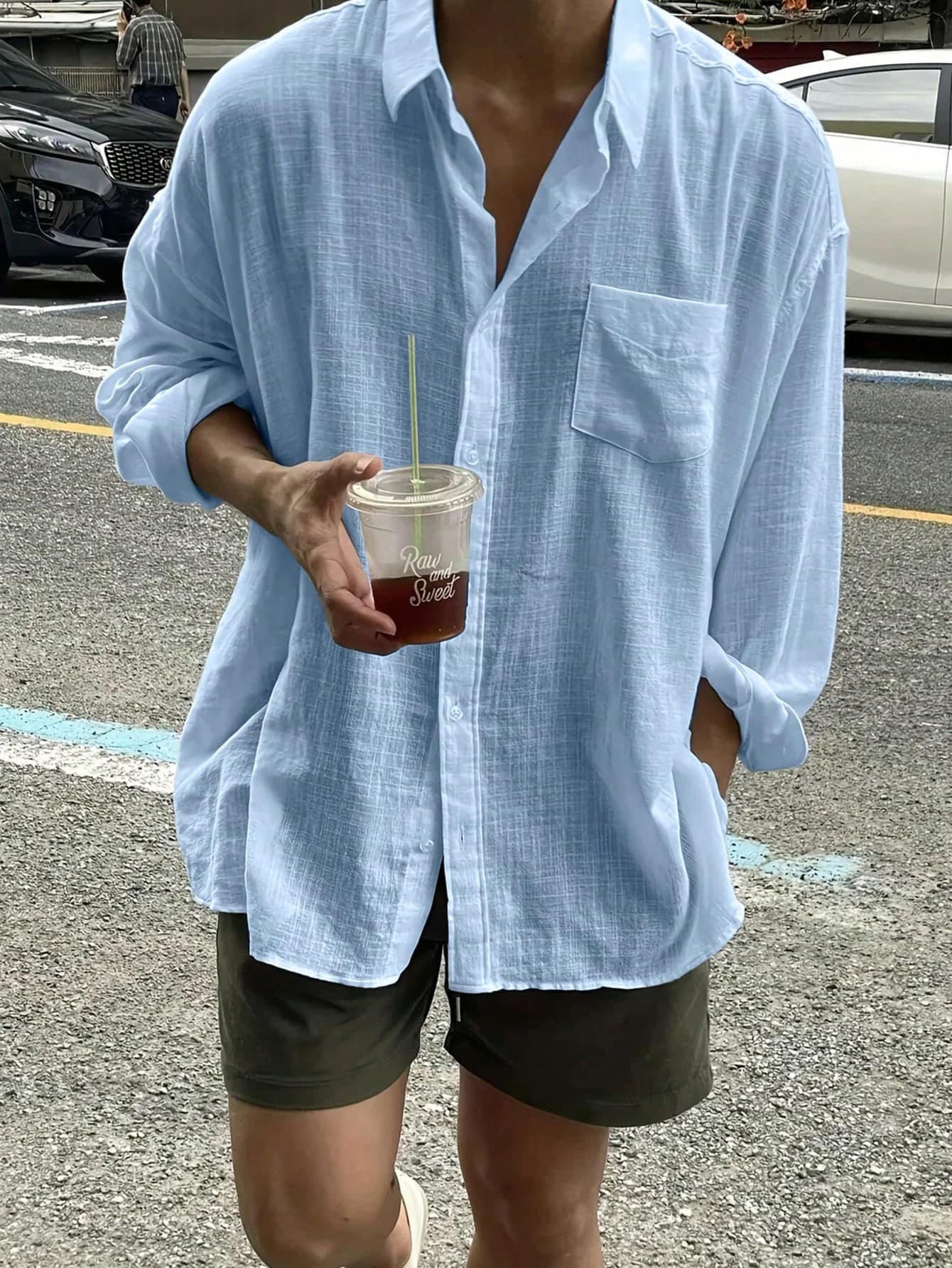 Men's Solid Color Long Sleeve Single Pocket Loose Casual Plus Size Shirt, Suitable For Autumn