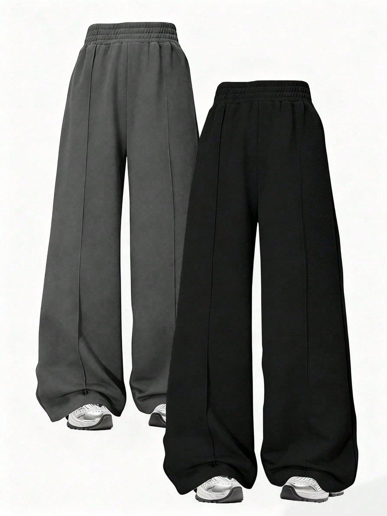 2pcs/Set Tween Girls' Street Style Solid Color Loose Straight Leg Casual Pants