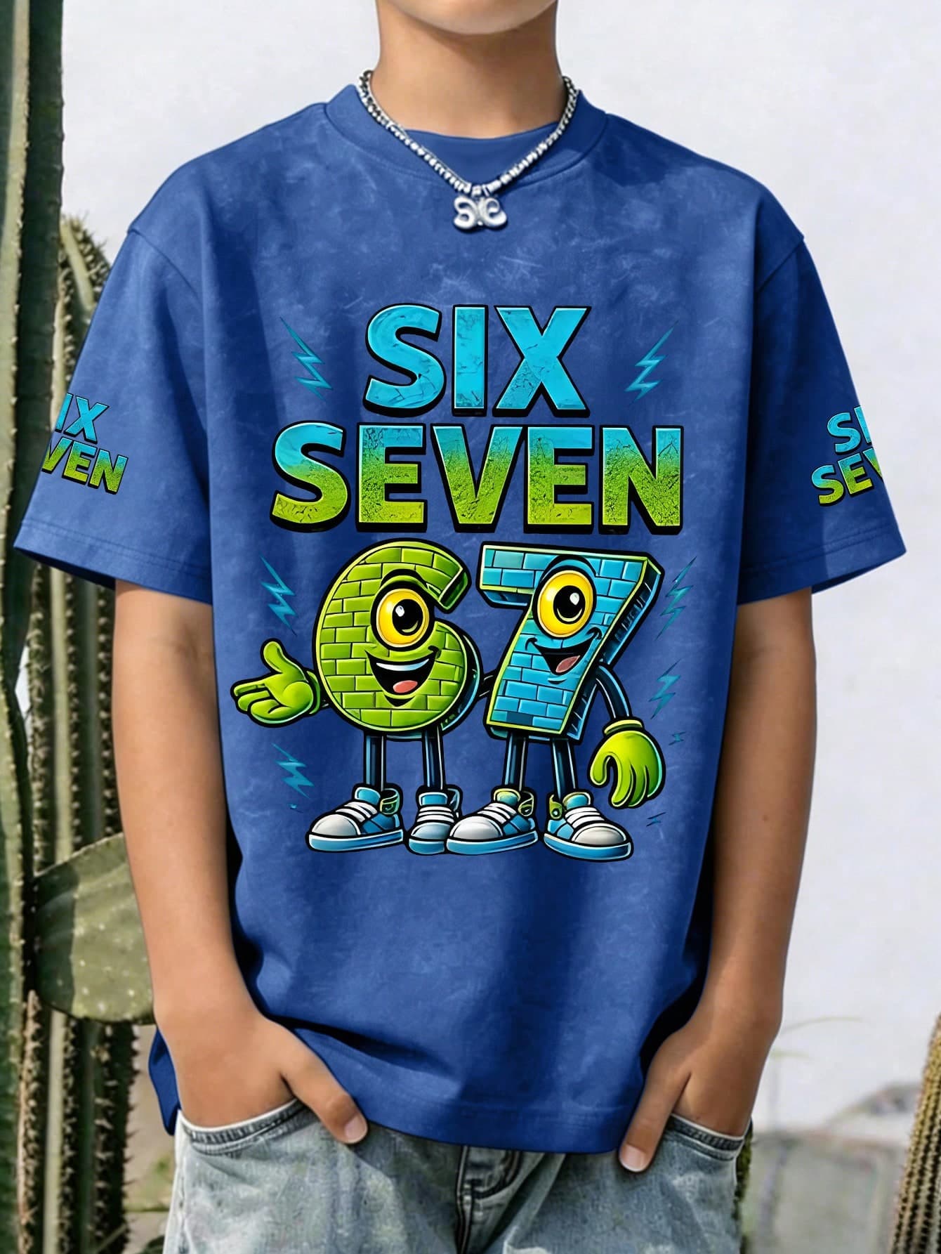 Boys' Casual Printed Round Neck Short Sleeve T-Shirt Series, Featuring Fun "67" Numeral And "SIX SEVEN" Letter Prints, Suitable For Summer Wear