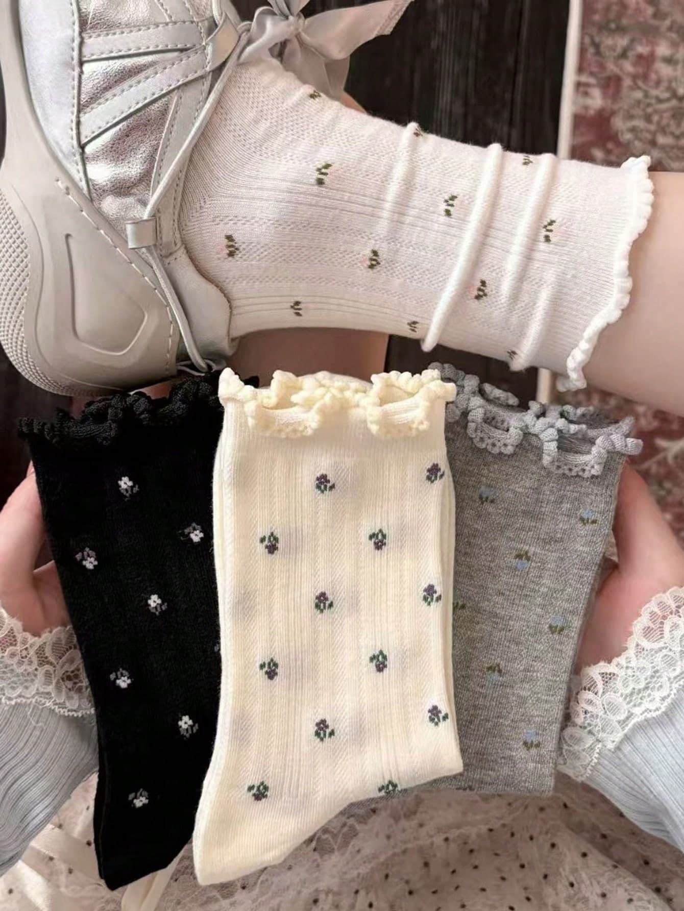 4 Pairs Spring/Summer New Minimalist Ditsy Floral Versatile Mid-Calf Socks, Mesh Ditsy Floral Knee High Socks