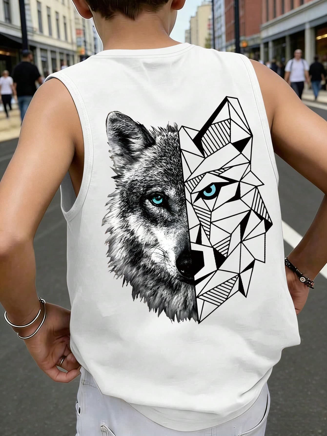 Teen Boys' Street Aesthetic Sleeveless Tee, Split Wolf Head Print, Geometric Accent, Loose Tank Top, For Skateboarding, Weekend Hangout, Street Style, Casual Daily Wear