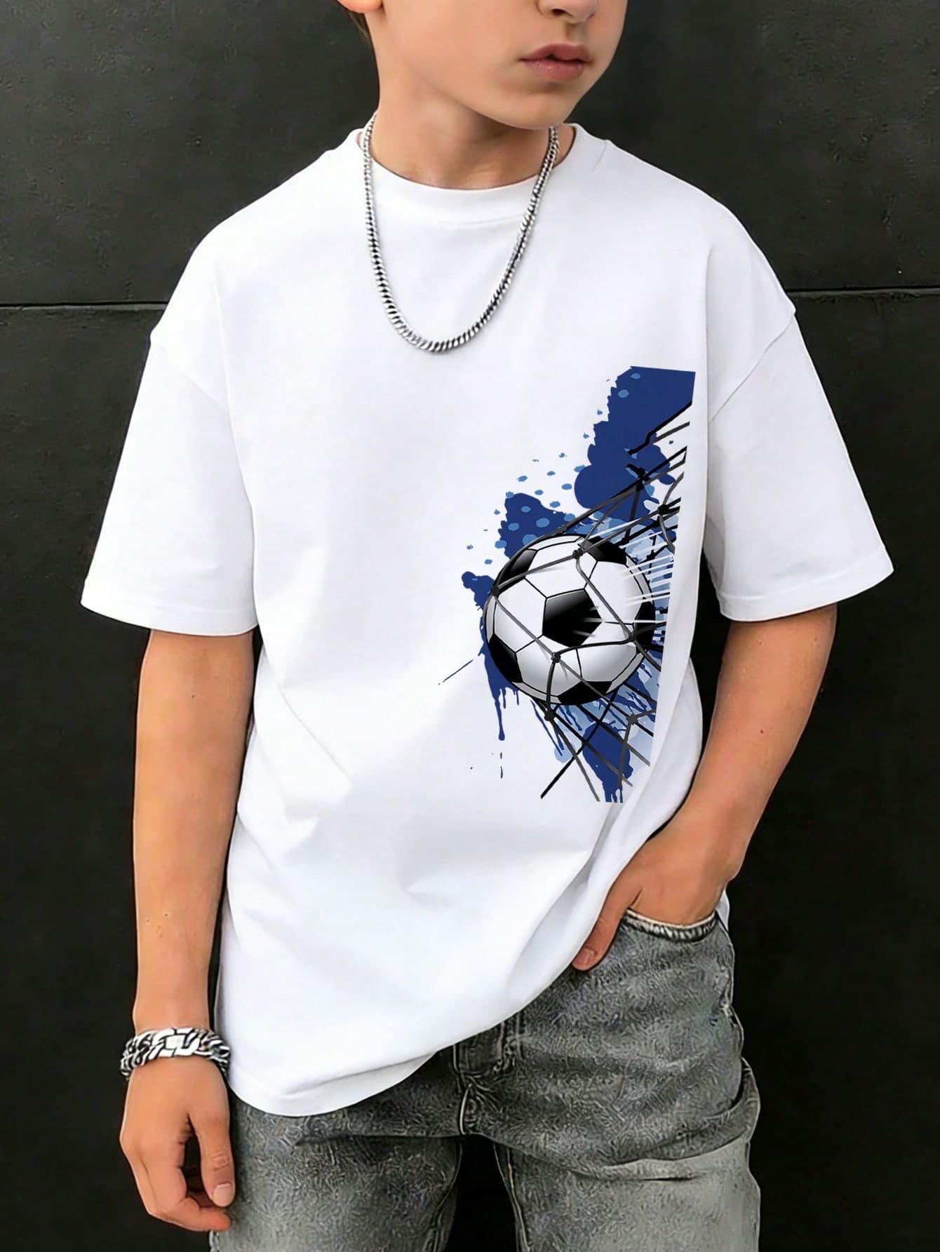 [World Cup] Tween Boy Personalized Football Print Short Sleeve T-Shirt, Student Young Children's Wear, Summer Top Prepared For Boys Going To Play