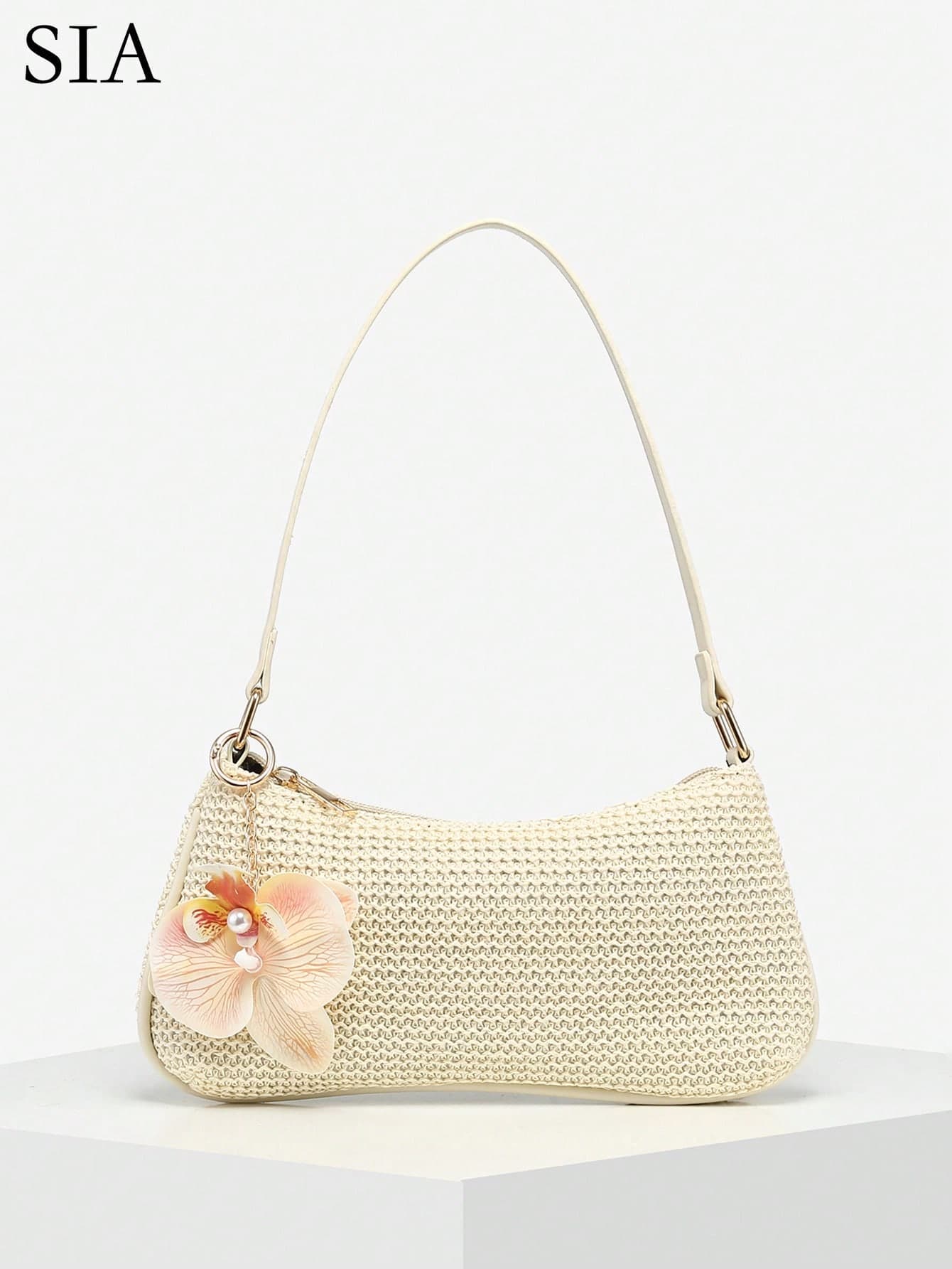 1pc Women's Vintage Resort Ocean Creature Faux Pearl Cherry Blossom Floral Faux Fur Tail Woven Crossbody Bag, Suitable For Dates, Outings, Vacations ,Holiday