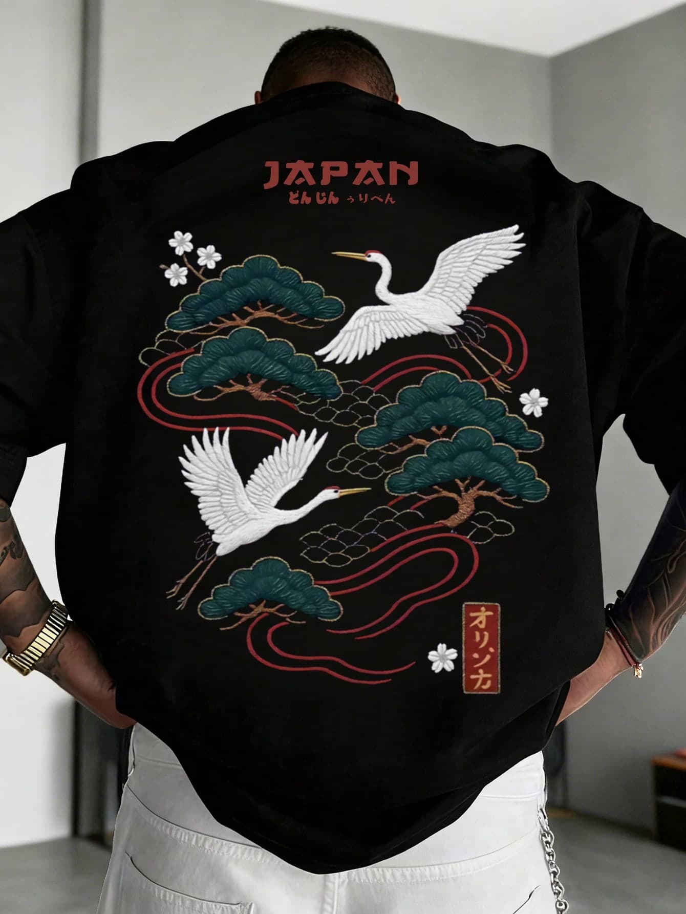 Zrgoth Men's Casual Versatile Simple Crane Print Japanese Style Short-Sleeve T-Shirt