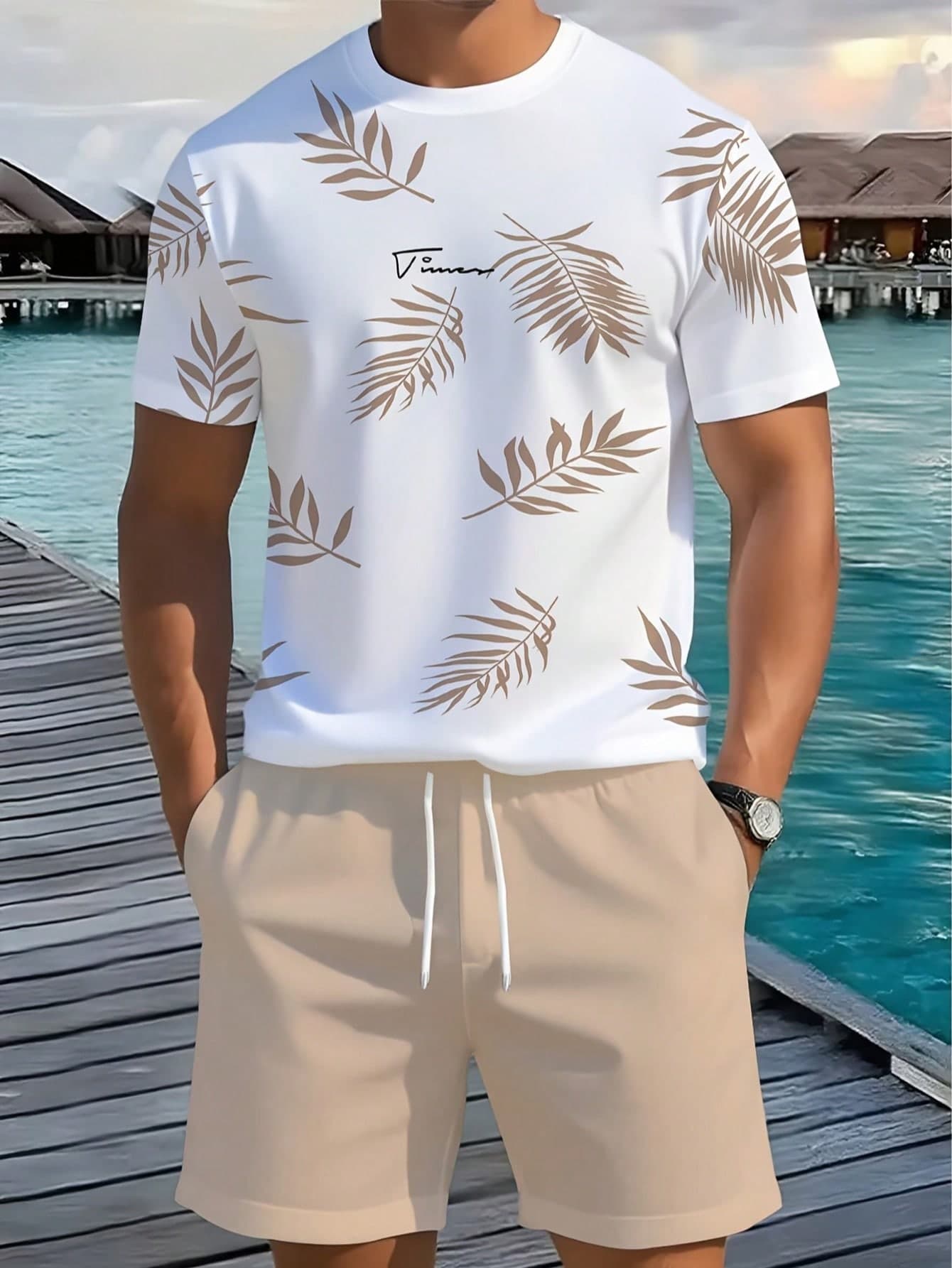 2pcs/Set Men's Casual Suit, Summer Leaf Print Design, Beach T-Shirt + Shorts Set, Suitable For Outdoor Leisure, Pool Party, Comfortable Breathable, Machine Washable