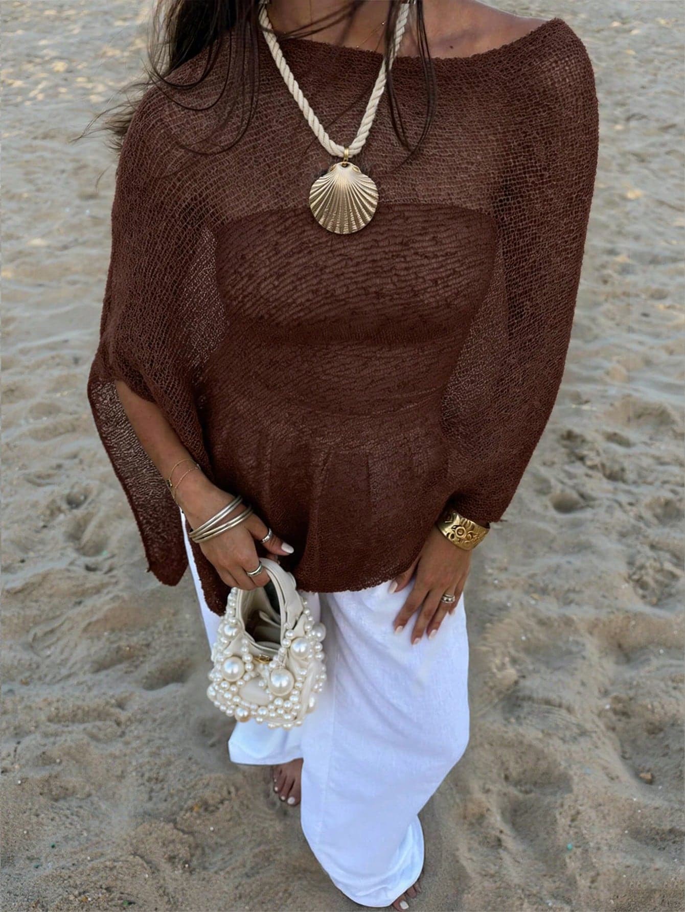 FOR BEAUTY Women's Knitted Beach Cover-Up, Boat Neck Sheer Mesh Shawl Top, Loose Casual Knitwear, Bohemian Style Beach Summer Travel Outfit Vacation