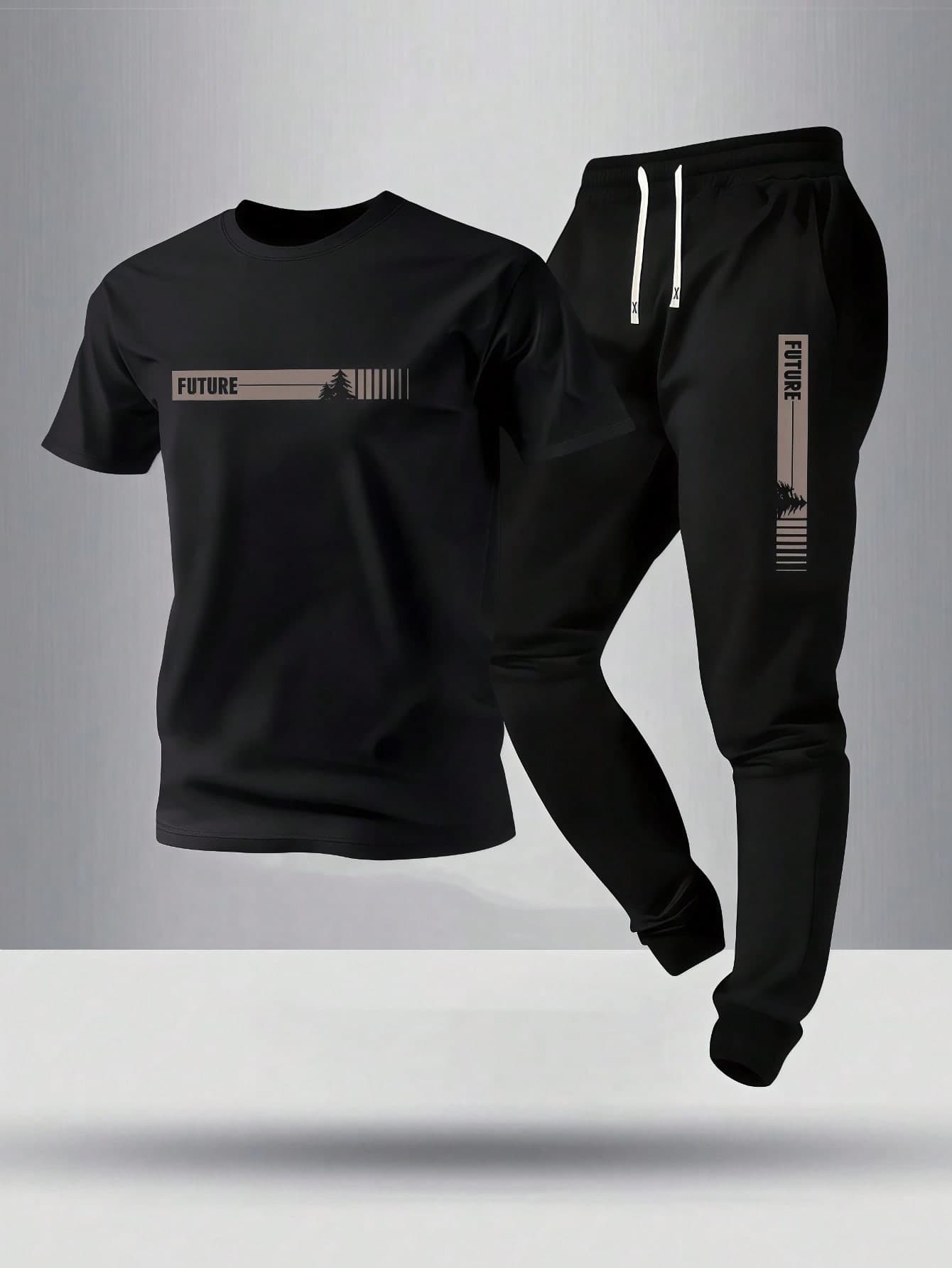 2pcs/Set Men's Short Sleeve T-Shirt And Drawstring Waist Sports Pants. Lightweight, Breathable, And Comfortable, Making It An Ideal Choice For Summer. The Set Features Fun Text And Pine Tree Graphics, Versatile And Practical For Various Occasions, Such As Commuting, Casual Outings, Gym Workouts, Outdoor Activities, As Well As Home Leisure And Short Trips. It Perfectly Meets Men's Spring And Autumn Dressing Needs.