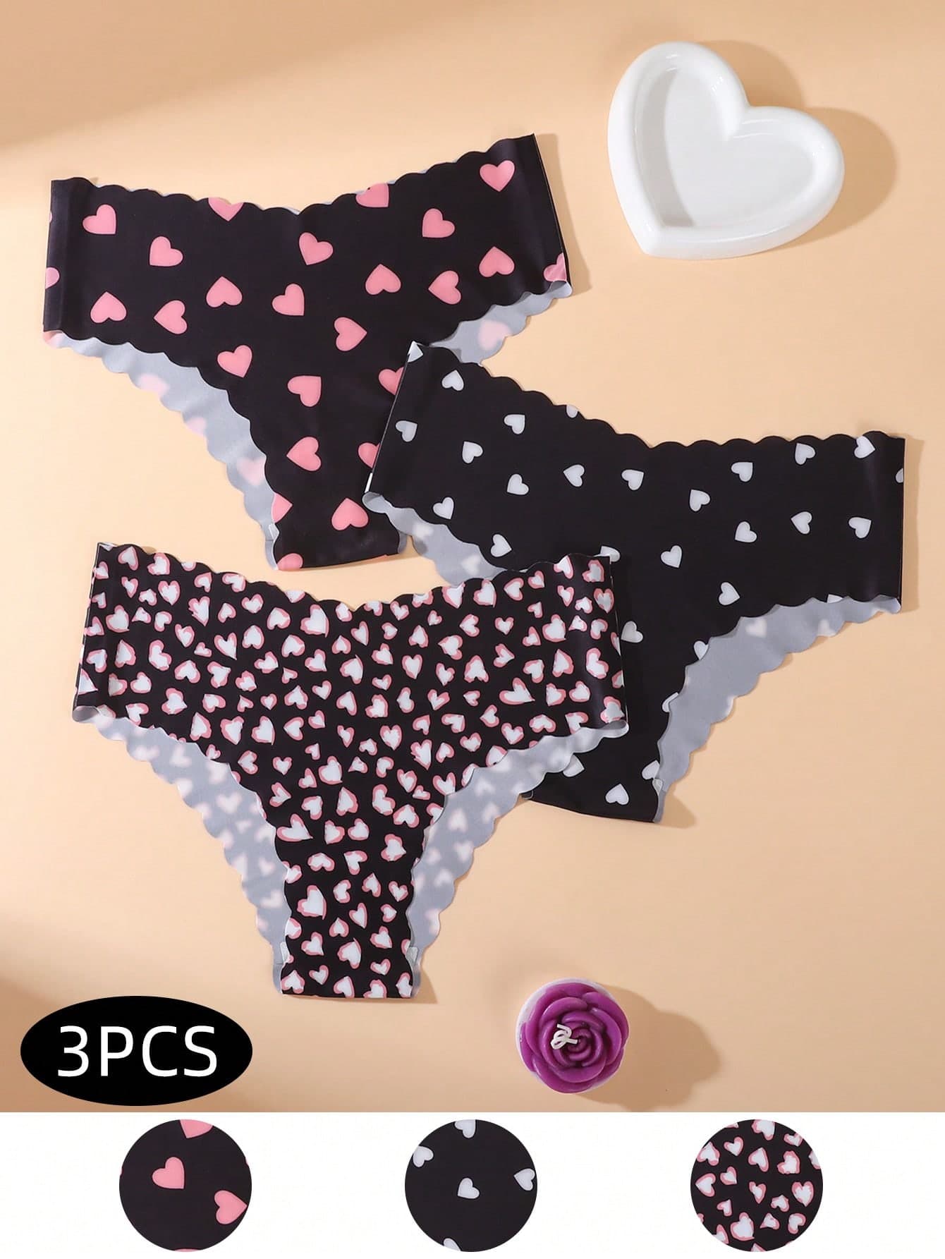 3pcs Women's Panties With Lovely Heart Print, Wavy Hem, Soft & Smooth Fabric, Comfortable Casual Underwear