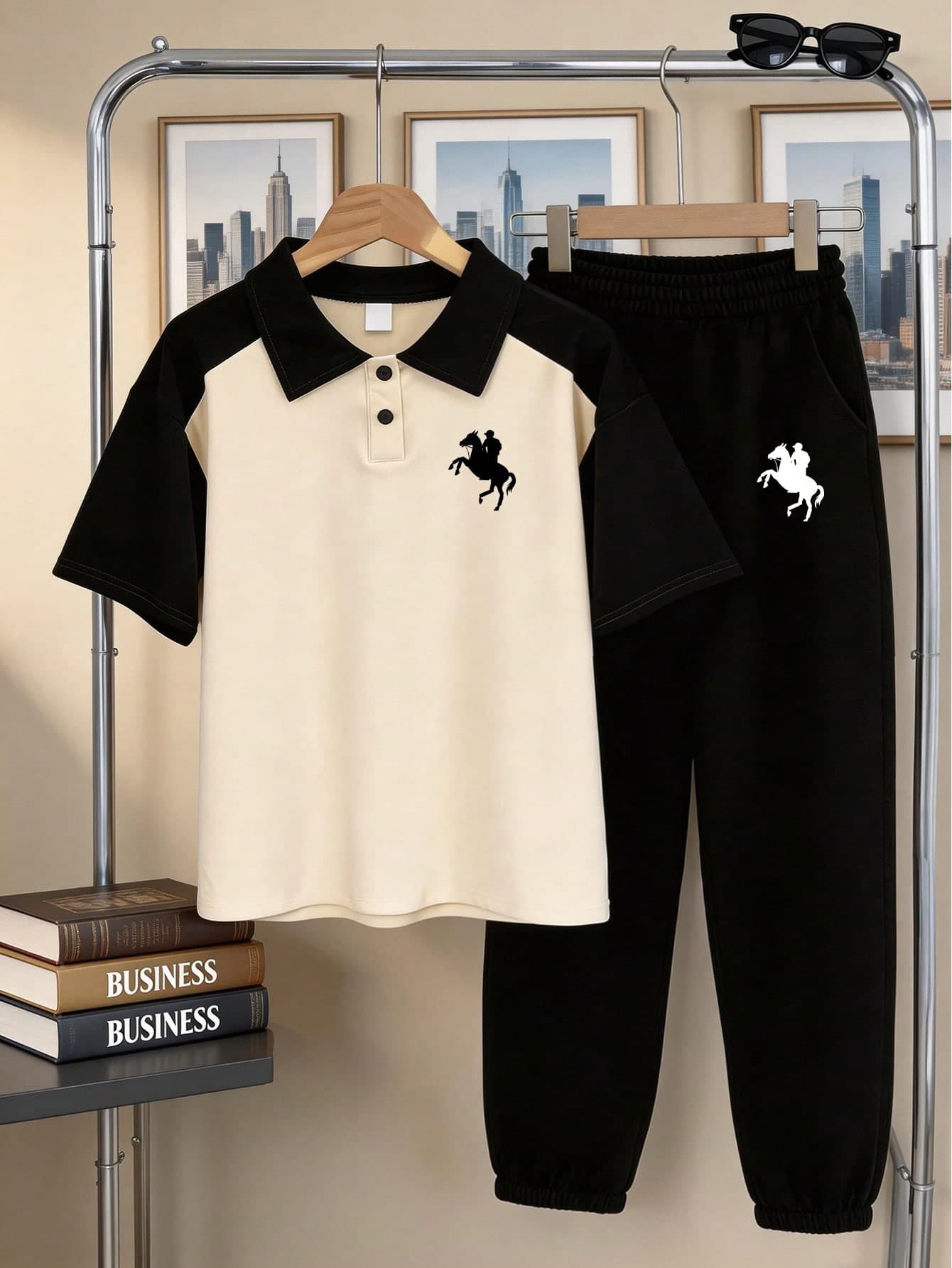 Teenage Boys' Equestrian Print Patchwork Polo Shirt With Matching Casual Sports Pants Set, Summer Sporty Student Outfit