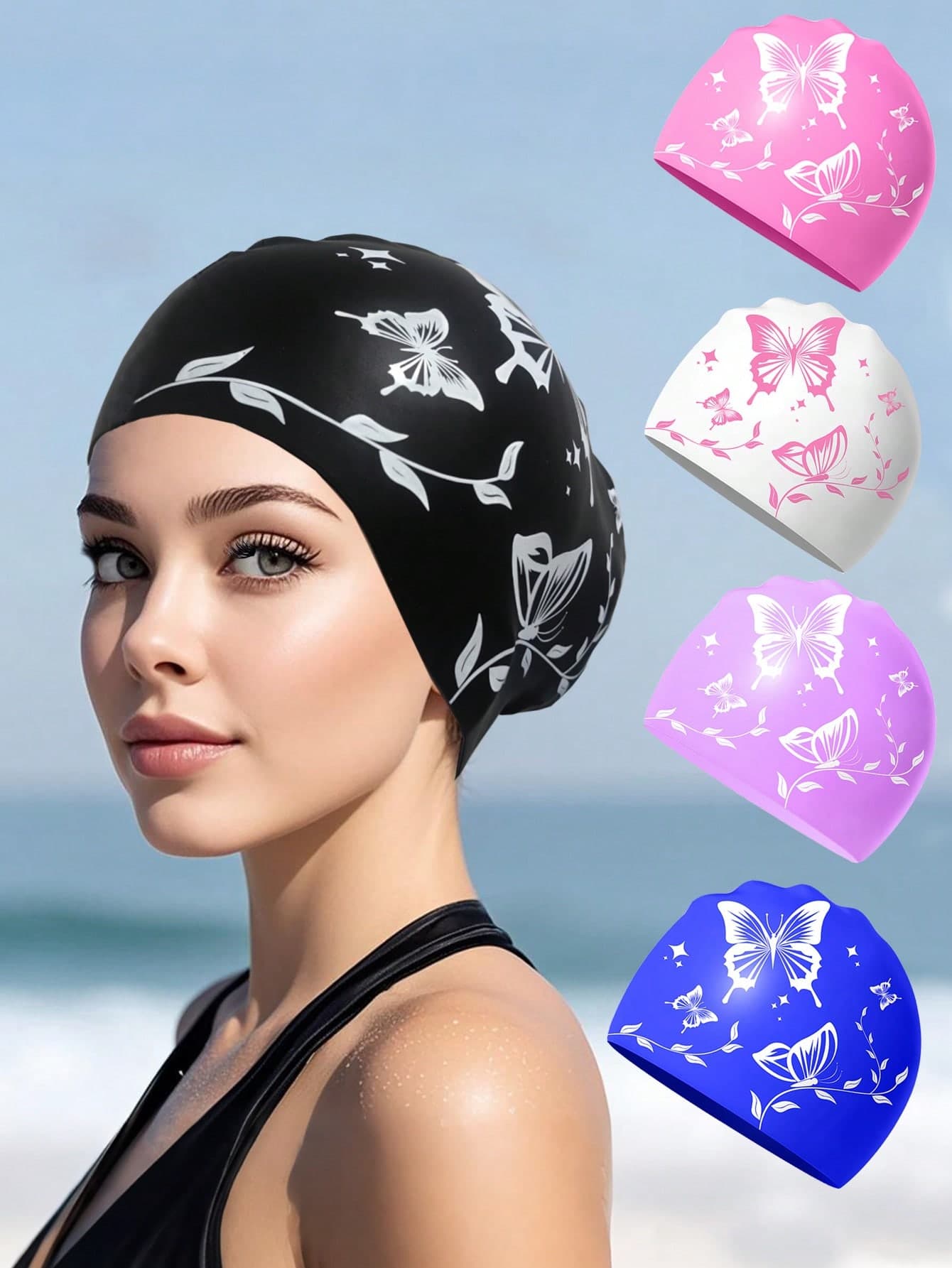 Adult Silicone Swimming Cap, Elegant Butterfly Pattern, Waterproof, Anti-Slip, Comfortable Elastic, Suitable For Short & Long Hair