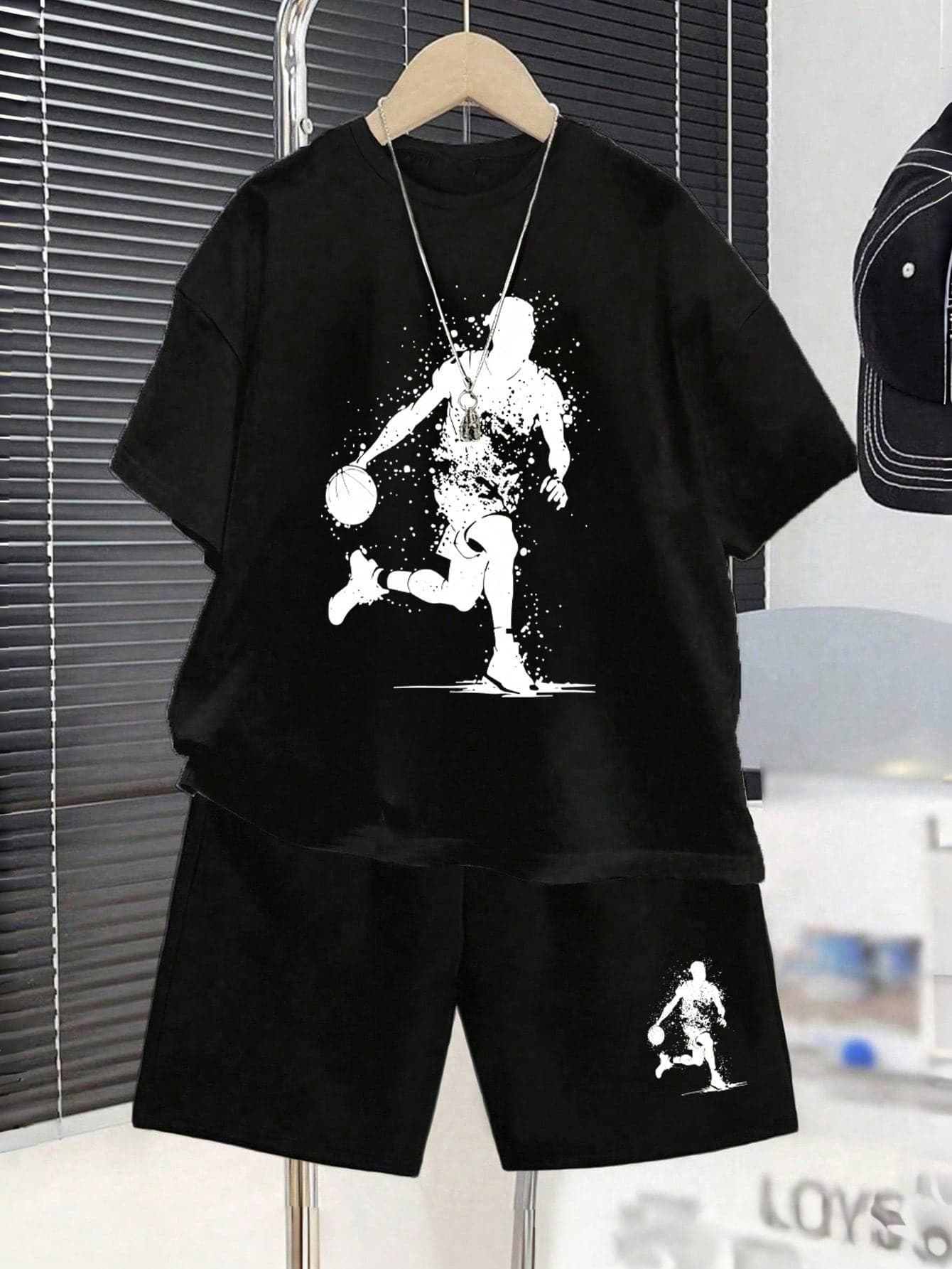 2pcs/Set Young Boy Graphic Print Round Neck Short Sleeve T-Shirt And Shorts Casual Outfit