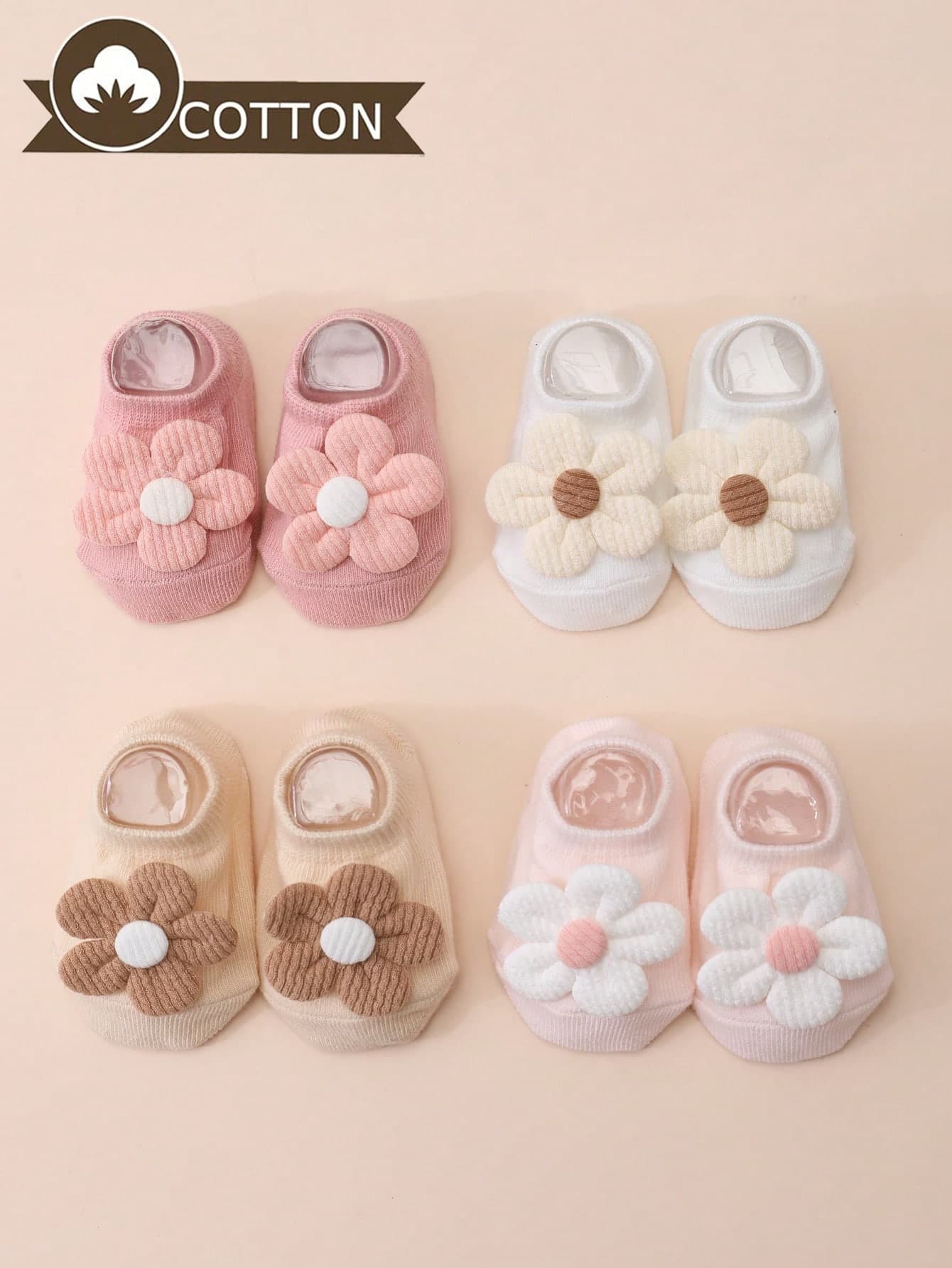 4 Pairs Baby/Toddler Girls' Cute Floral Decorated Socks, Solid Color Non-Slip Bottom Ankle Socks, Versatile For All Seasons