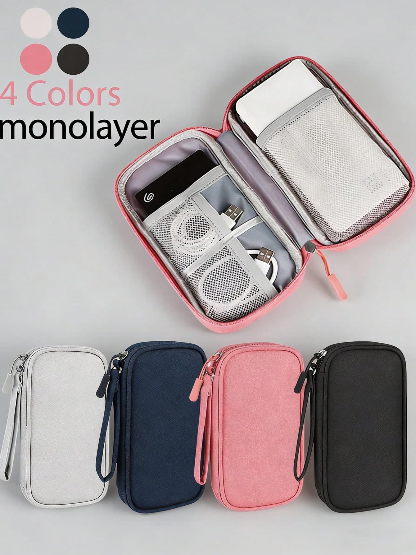 1PC Multifunctional Portable Cable Organizer Bag, Nylon Wear-Resistant Shell, Grey Fabric Lining, Double Zipper Book-Style Opening, Elastic Straps, Mesh Pockets, Hard Bottom, Power Bank Compartment, Partitioned Design, Stores Charging Cables, Data Cables, Chargers, Power Banks, Earphones, Hard Drives, USB Flash Drives, Phone Card Readers, SD Cards, Anti-Tangle, Anti-Knot, Lightweight, Portable With Wrist Strap, Anti-Loss, Unisex, Suitable For Travel, Business Trips, Commuting, Office, Home, Desktop, Backpack, Luggage, Father's Day, Christmas, Back To School, Graduation Gifts, Digital Accessories Organizer Bag