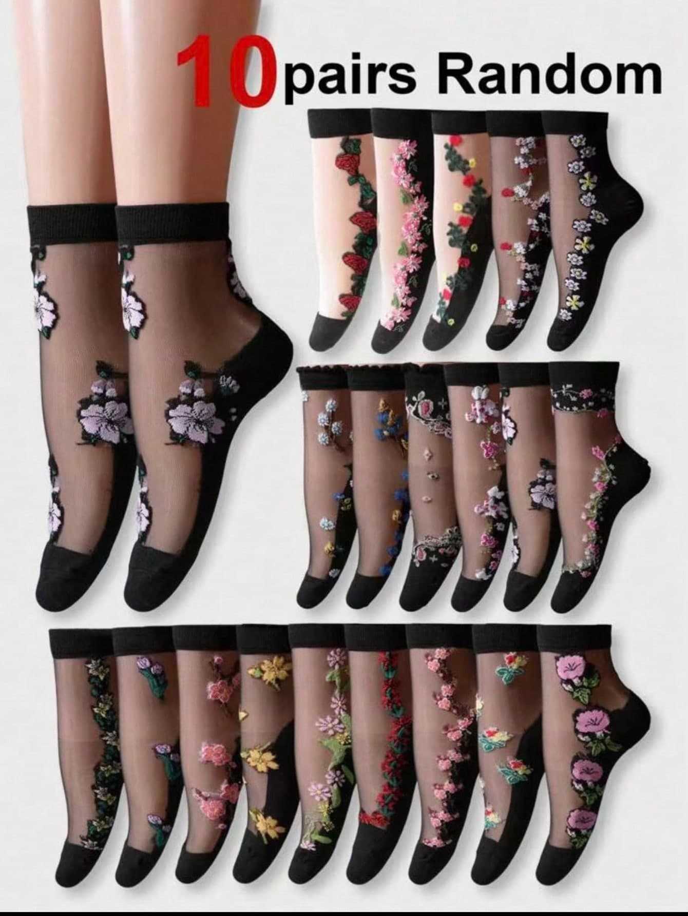 10 Pairs Women's Thin Mesh Socks, Summer Ruffled Sheer Silky Lace Ankle Socks, Cute Long Socks, Suitable For Autumn