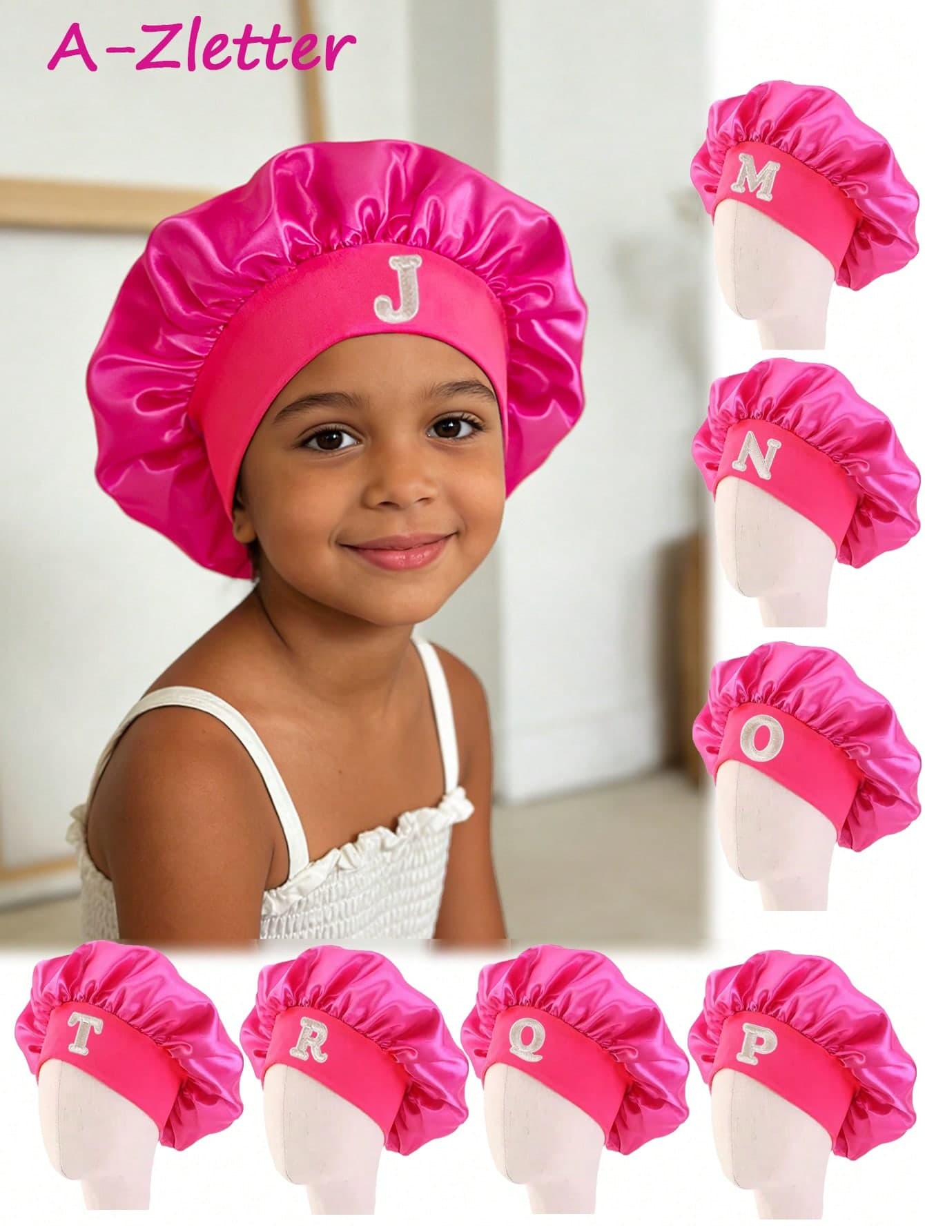 1pc Children's A-Z Letter Pink Elastic Wide-Brim Satin Sleep Cap - Snug Fit, Hair Protection, Super Soft Breathable Design With Anti-Slip Lining