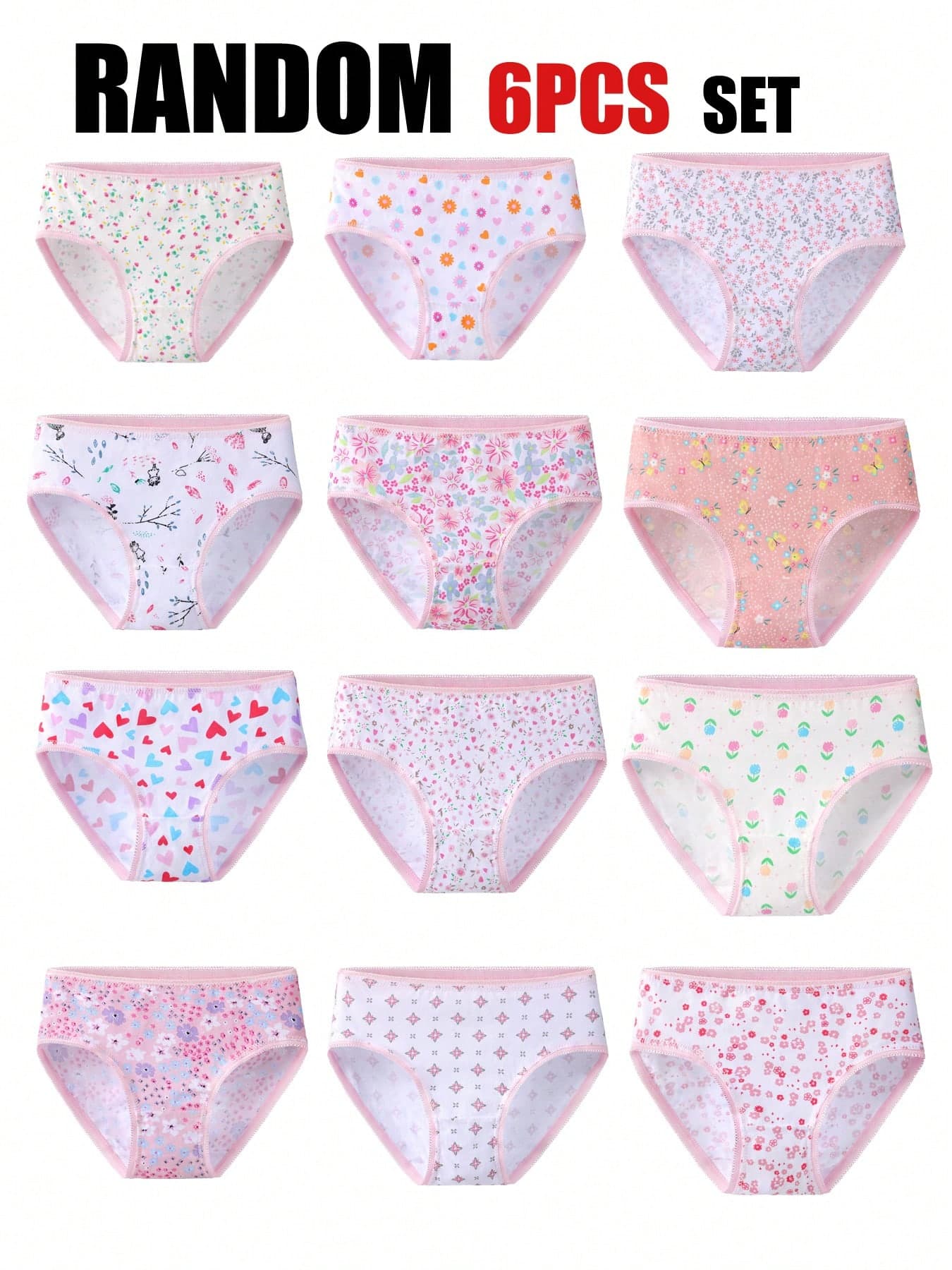 6pcs/Pack Young Girl' Ditsy Floral & Heart Print Comfortable Cotton Briefs, Assorted Styles For Toddlers & Little Children