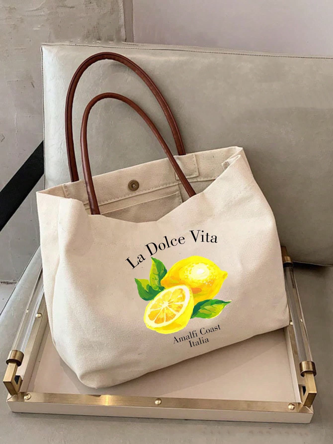 Vibrant Lemon Pattern Printed Tote Bag, Reusable Printed Women's Tote Bag, Double Handle Shopping Book Bag, Large Capacity Shoulder Bag, Casual Commute