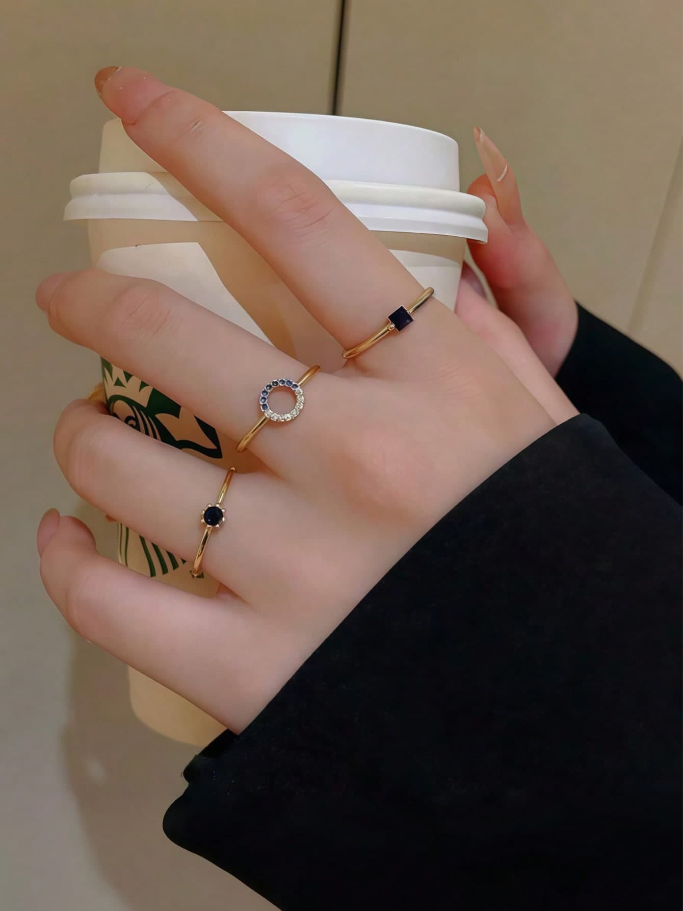 3pcs Vintage French Blue Minimalist Design Stackable Open Circle Ring Set