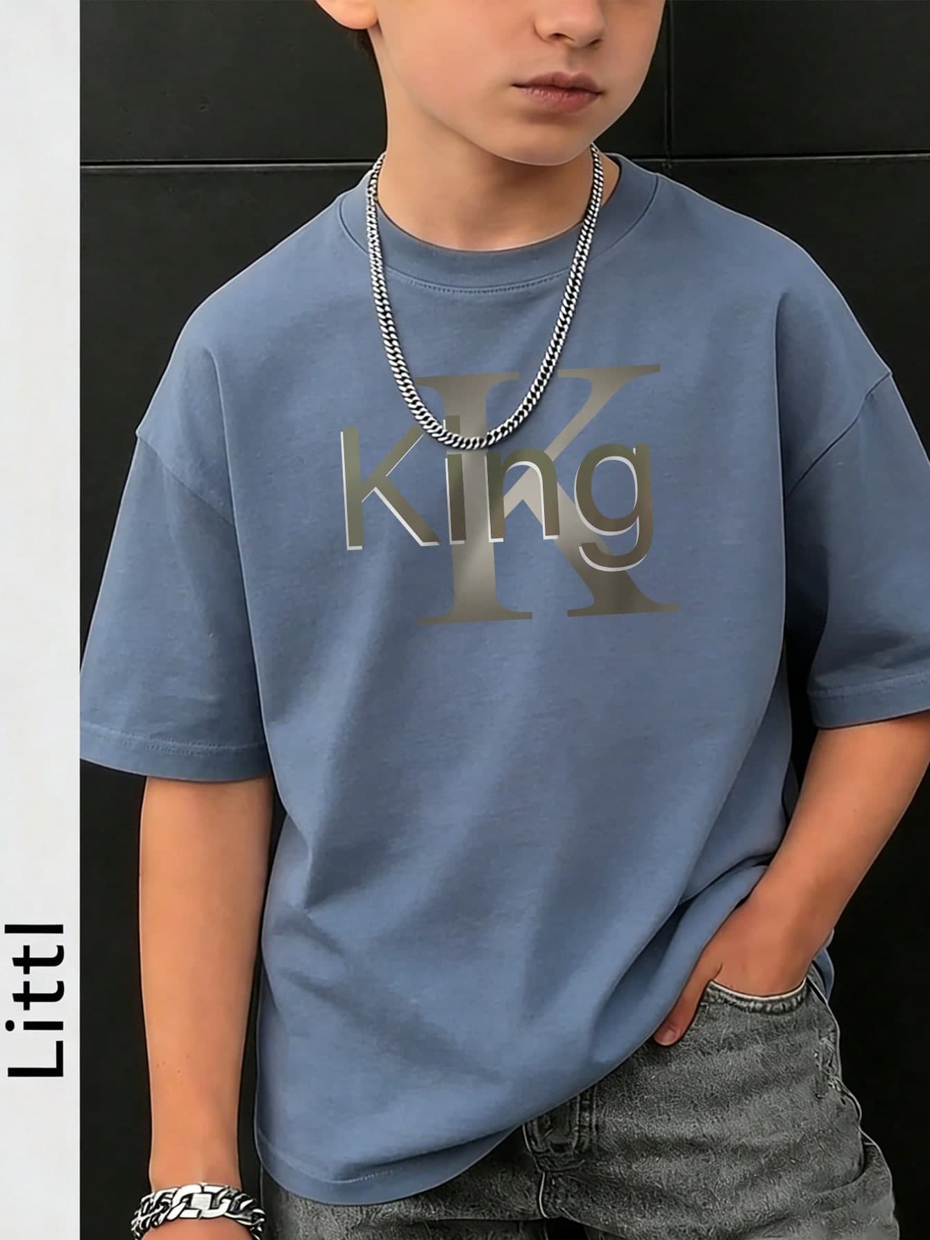 Boys' Street Style "King" Letter Print Round Neck Short Sleeve T-Shirt