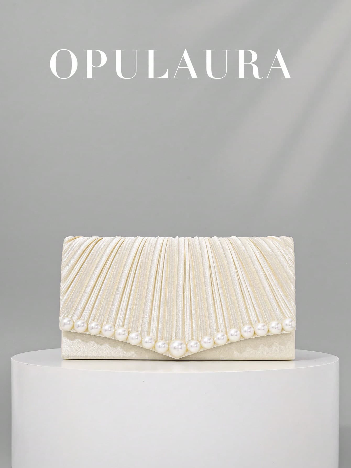 OpulAura Women's Elegant Satin Faux Pearl Handbag, Romantic Wedding Purse, Exquisite & Charming Evening Dress Accessory, Pleated Design Sophisticated Clutch Bag, Suitable For Formal Occasions Like Gala, Birthday Party, Holiday Gift