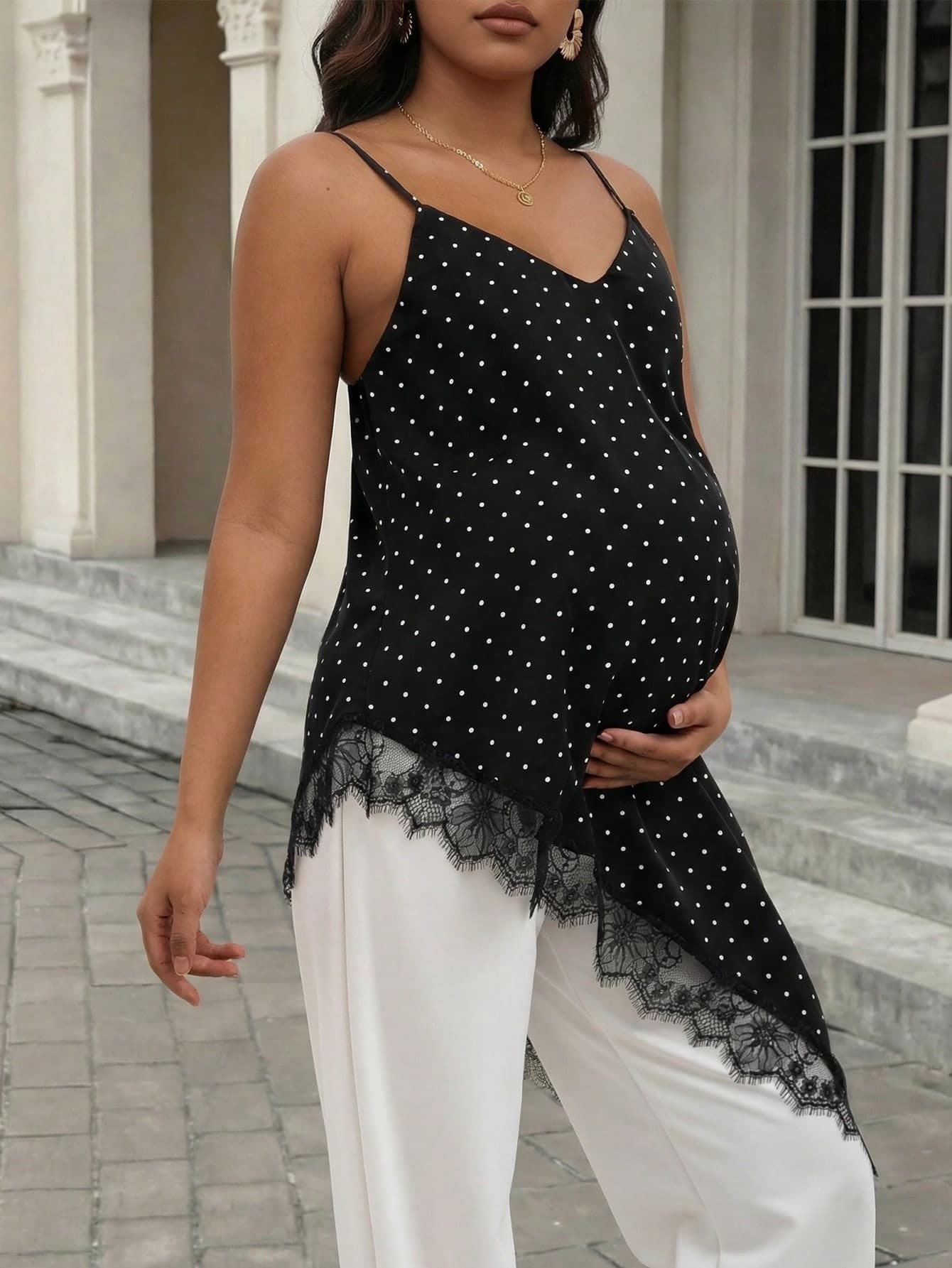 Pregnant Women's Polka Dot Lace Trim Asymmetrical Camisole Top, High Elasticity Breathable Nursing Top, Casual Outgoing Date Undershirt Black Summer