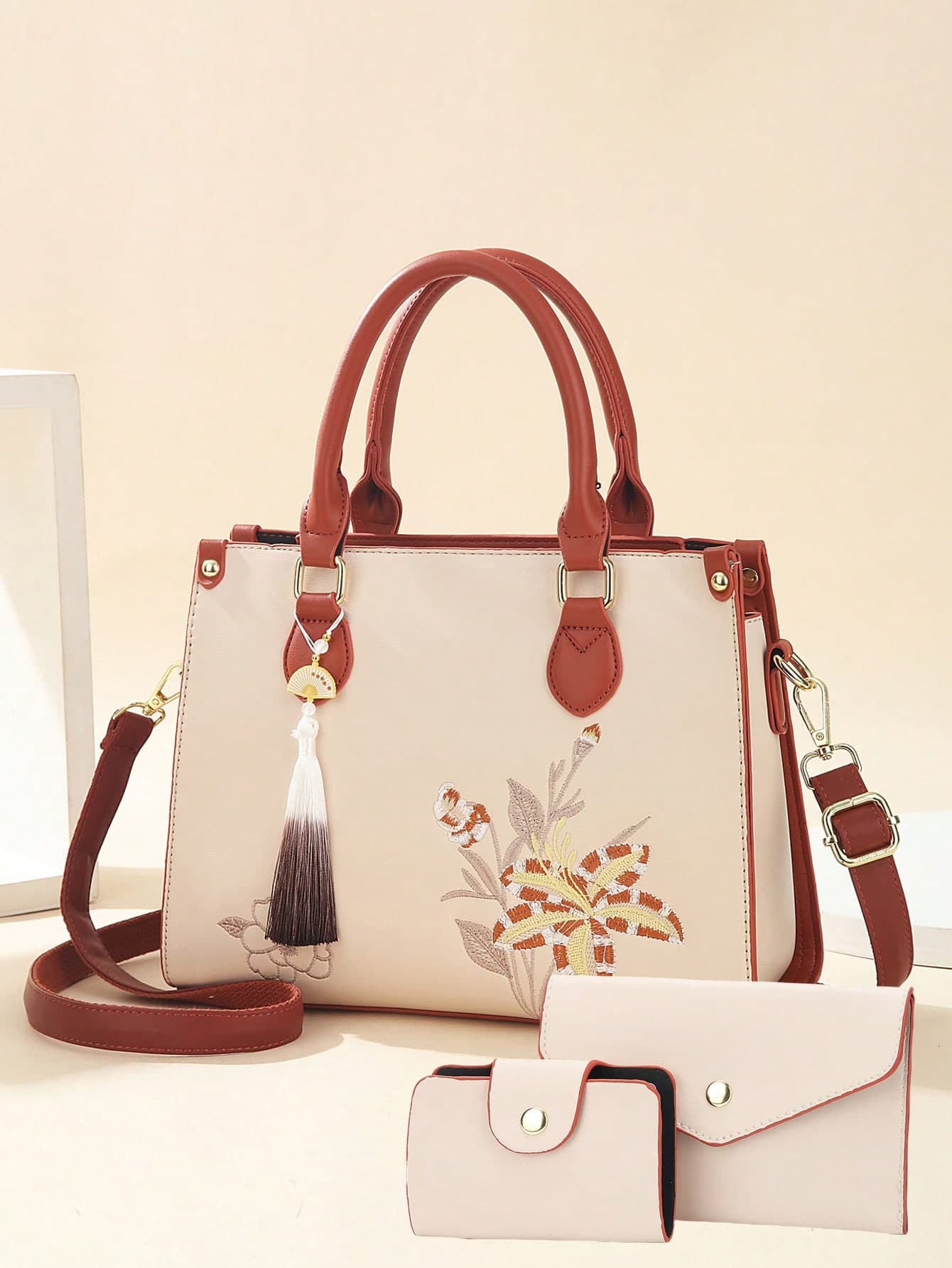 3pcs Women Bag Set - Elegant Geometric Embroidery, Faux Leather And Clutch Wallet