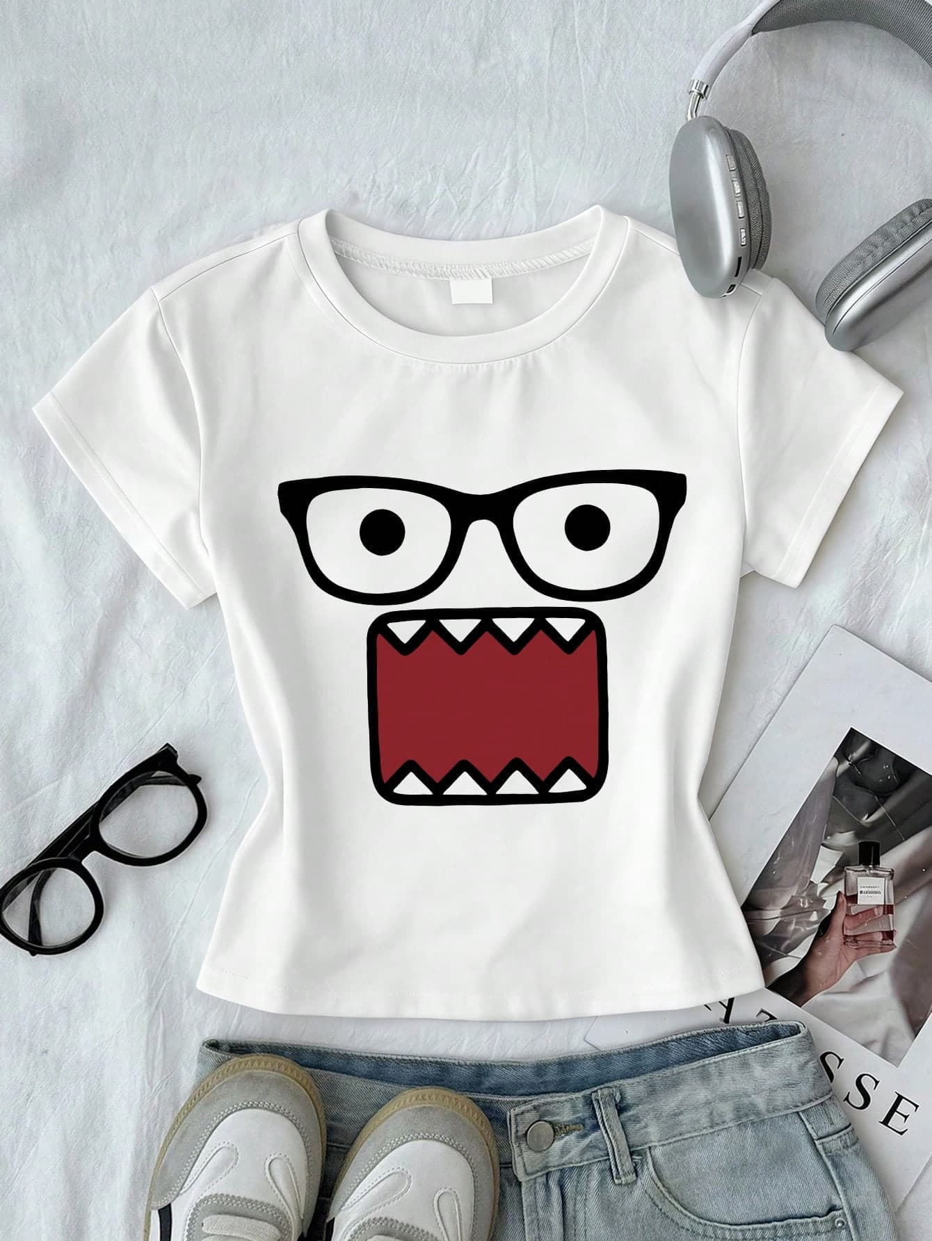 Juniors' Graphic Print Cropped Top, Casual Summer Fitted Short Sleeve Crop Tee, Girls' Comfortable Fit Cropped T-Shirt