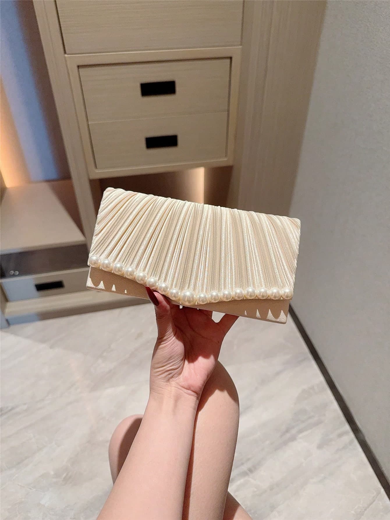1pc Classic Pleated Satin Design Evening Dress Clutch Bag, Formal Party Handbag, Romantic Wedding Bridal Purse, Flap Envelope Chain Shoulder Bag