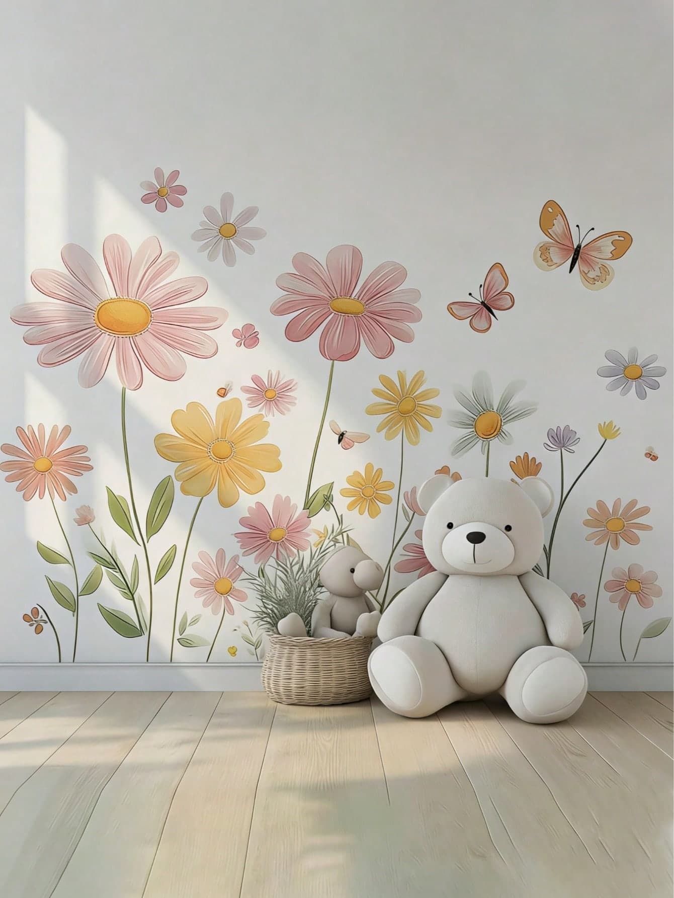 2pcs Colorful Floral Wall Decals - Modern Vinyl Stickers With Pink, Peach, Yellow, Blue And Green Flowers And Butterflies - Removable, Self-Adhesive Decorations For Living Room, Bedroom Or Home Walls, Floral Decor