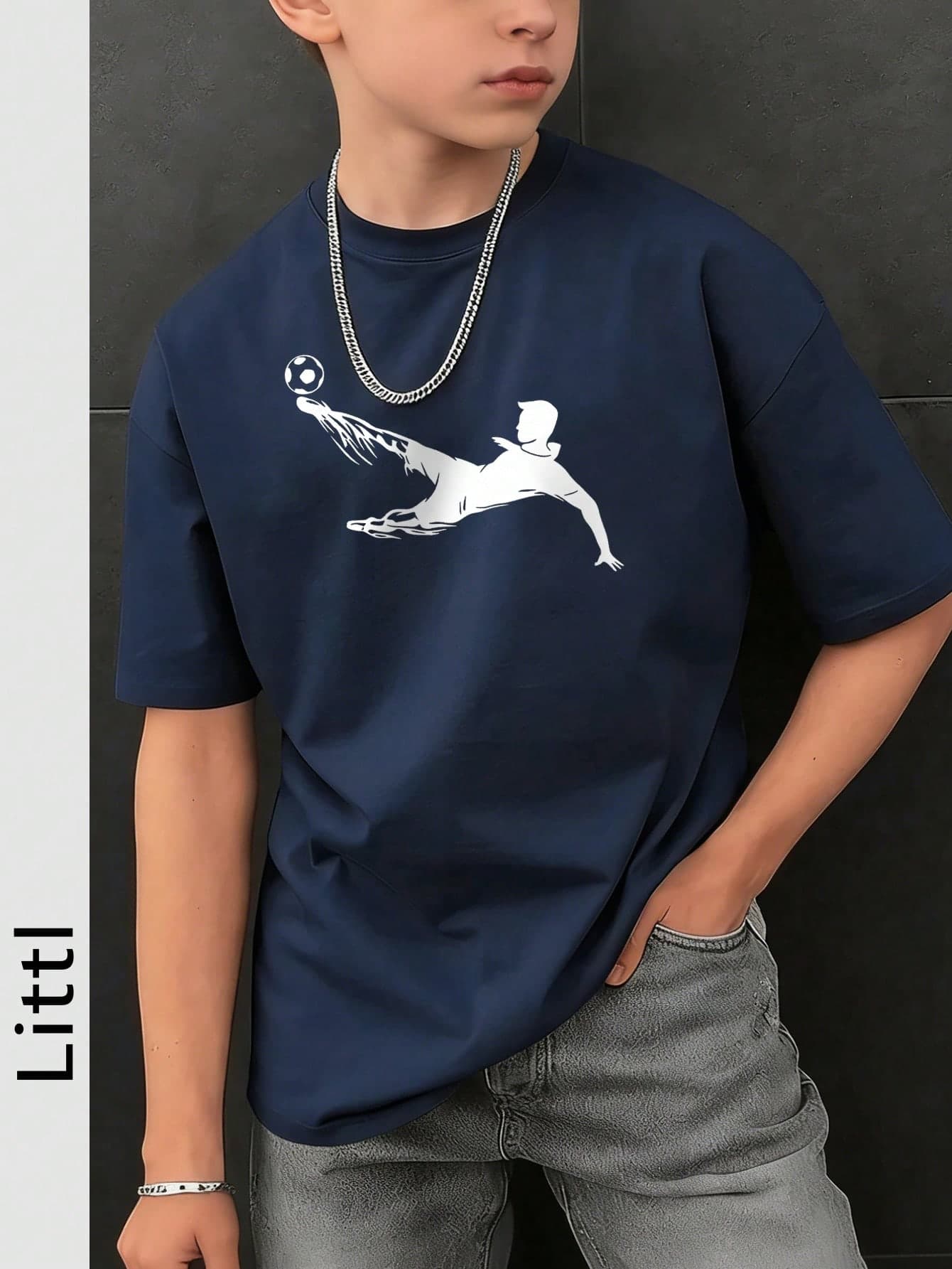 Boys' World Cup Soccer Print Loose T-Shirt, Summer Breathable Short Sleeve Sports Top