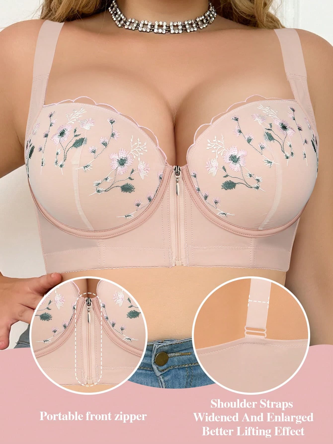 Plus Size Front Zipper Floral Embroidery Underwire Bra - Breathable Comfortable Wide Strap Design Lift Bust