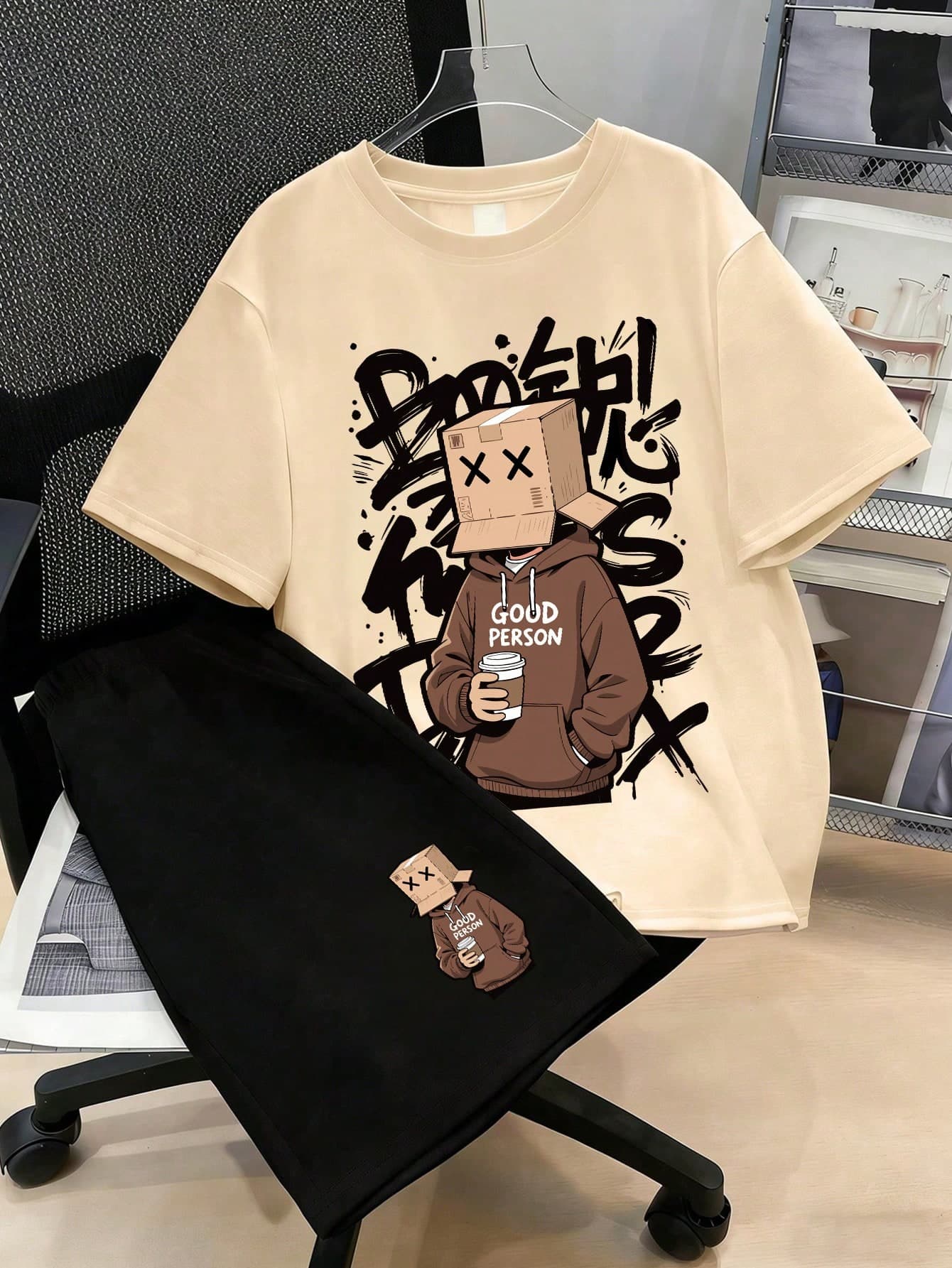 Teens/Boys' Black & White Graphic Print Round Neck Short Sleeve T-Shirt Set, Casual & Fun For Summer
