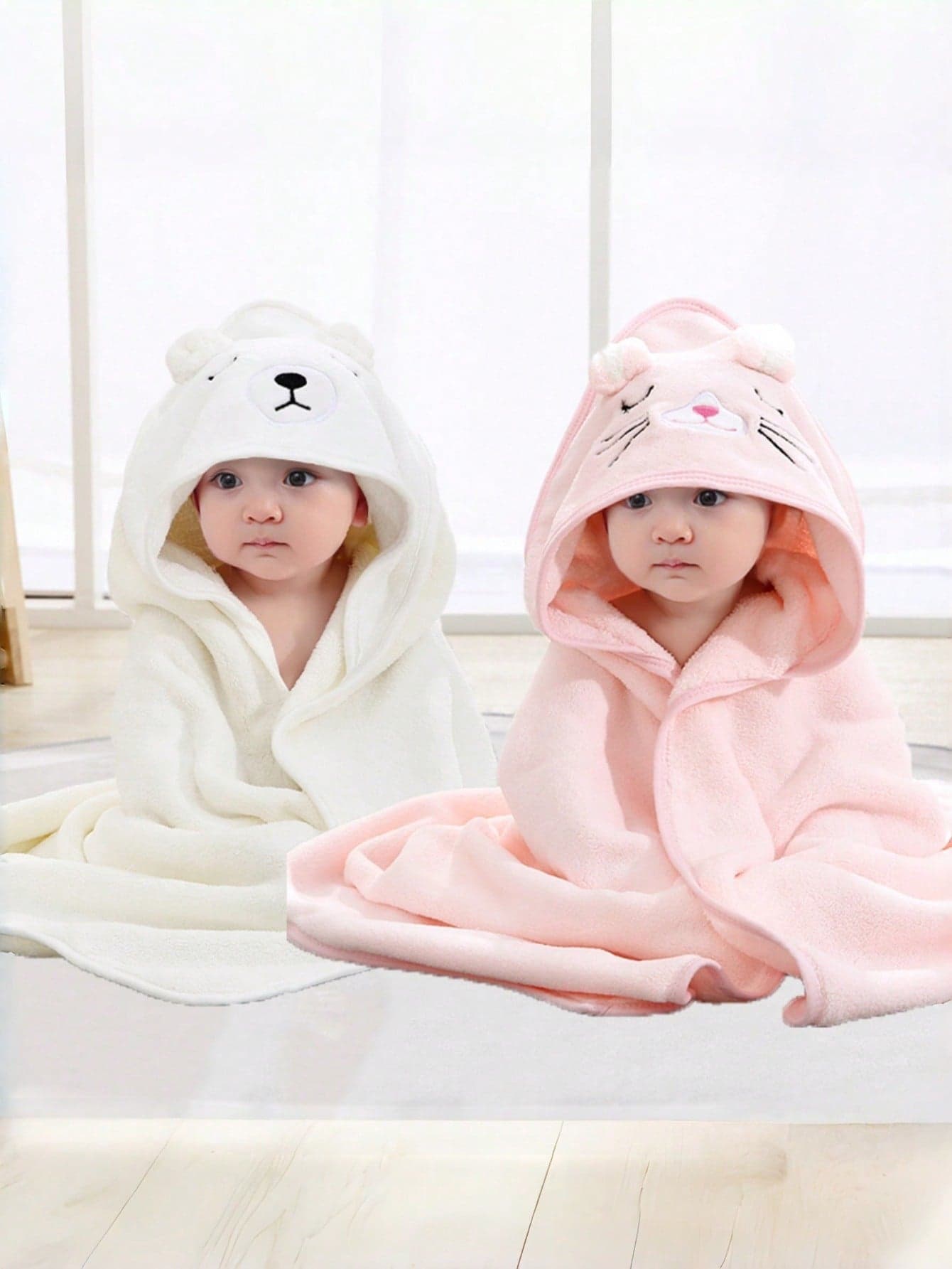 2pcs Baby Hooded Bath Towel, Neutral Animal Face Design Infant Cloak, Unique Animal Pattern Newborn Bathrobe, Super Soft Coral Fleece Cartoon Bathroom Wrap Towel, Suitable For All Seasons