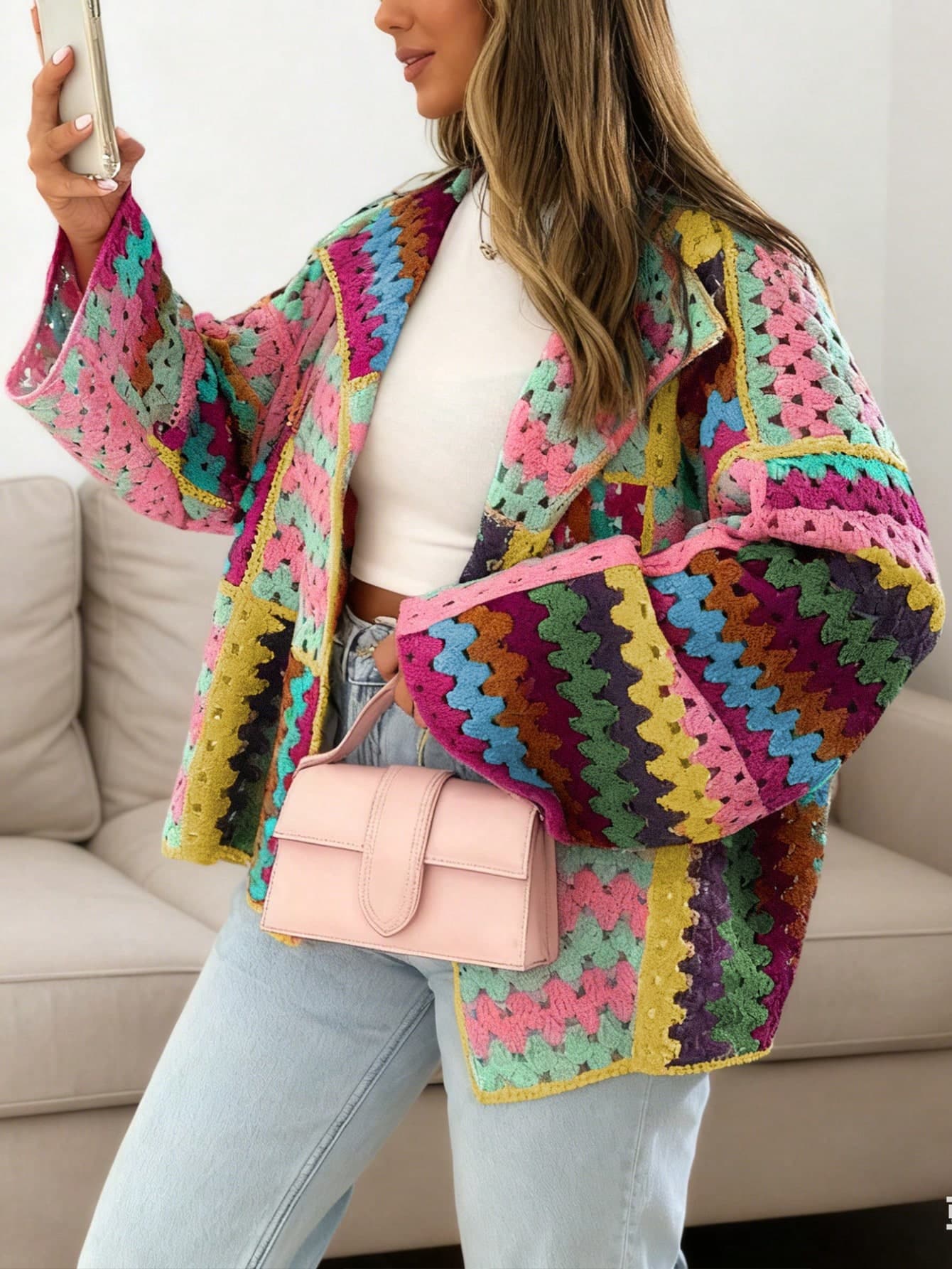 Plus Size Women's Rainbow Color Patchwork Crochet Knit Cardigan, Casual Color Block Patchwork Knit Sweater Jacket Vacation