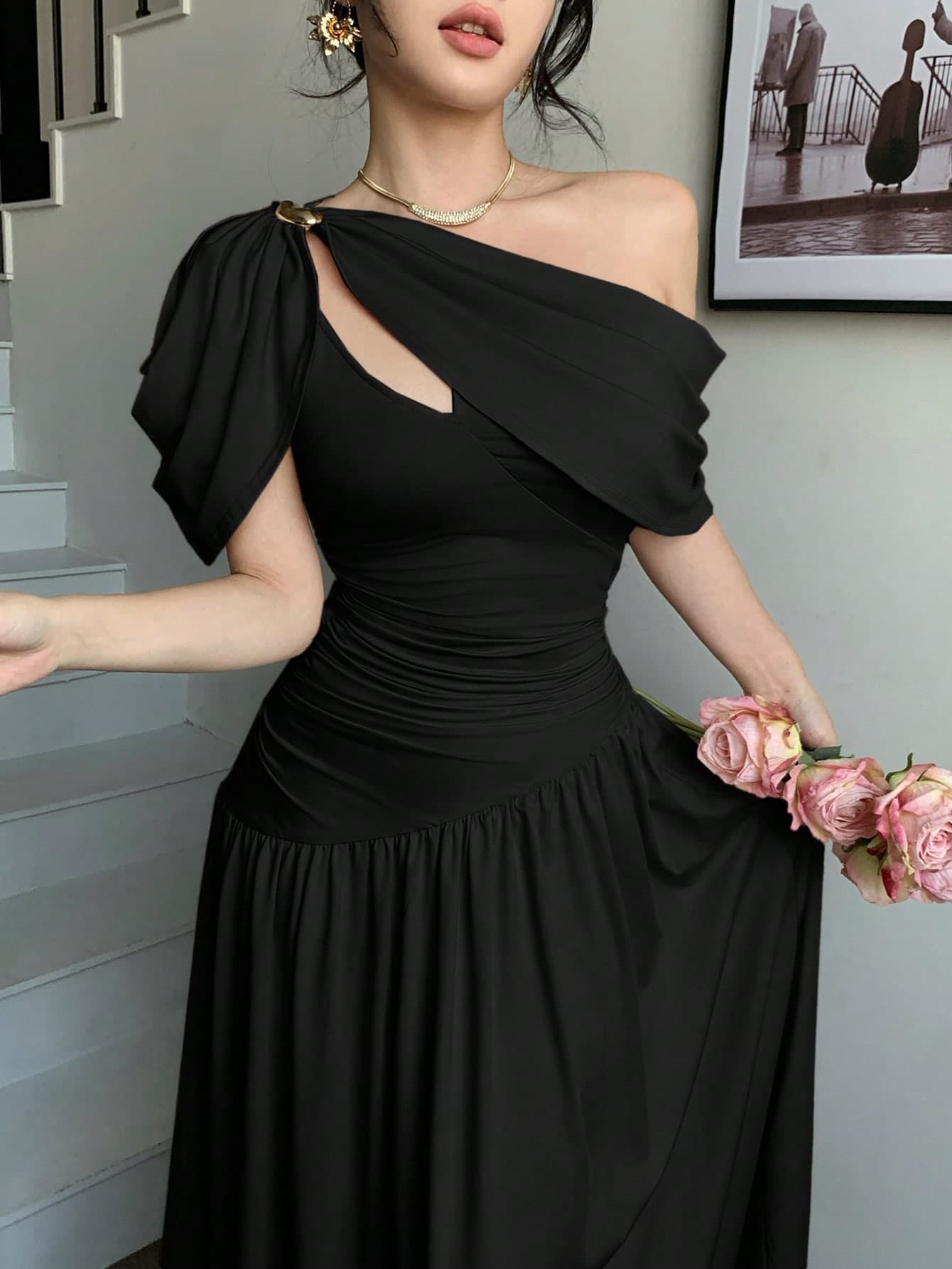 abyoxi Women's Black, One-Shoulder, Ruched Cinched Waist, Slim-Fit Flared Skirt Long Dress, Elegant And Fashionable, Party, Date, Festive, Wedding, Formal Dresses, Dinner Gown, Teachers' Day, Mother's Day, Graduation, Bodycon Spring Summer Maxi Dresses