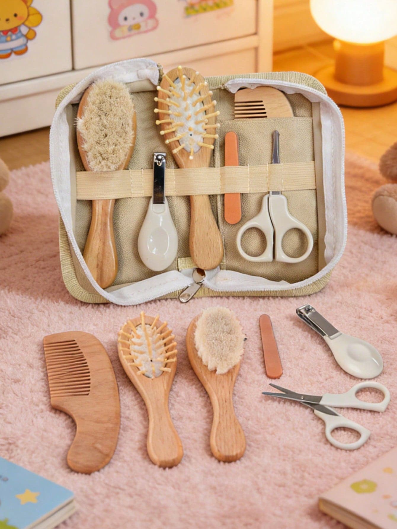 Personalized Baby Care Set, Wooden Hair Brush Set, Baby Commemorative Gift, Baby Care Set Includes Nail Clipper, Hair Scissors, Nail File