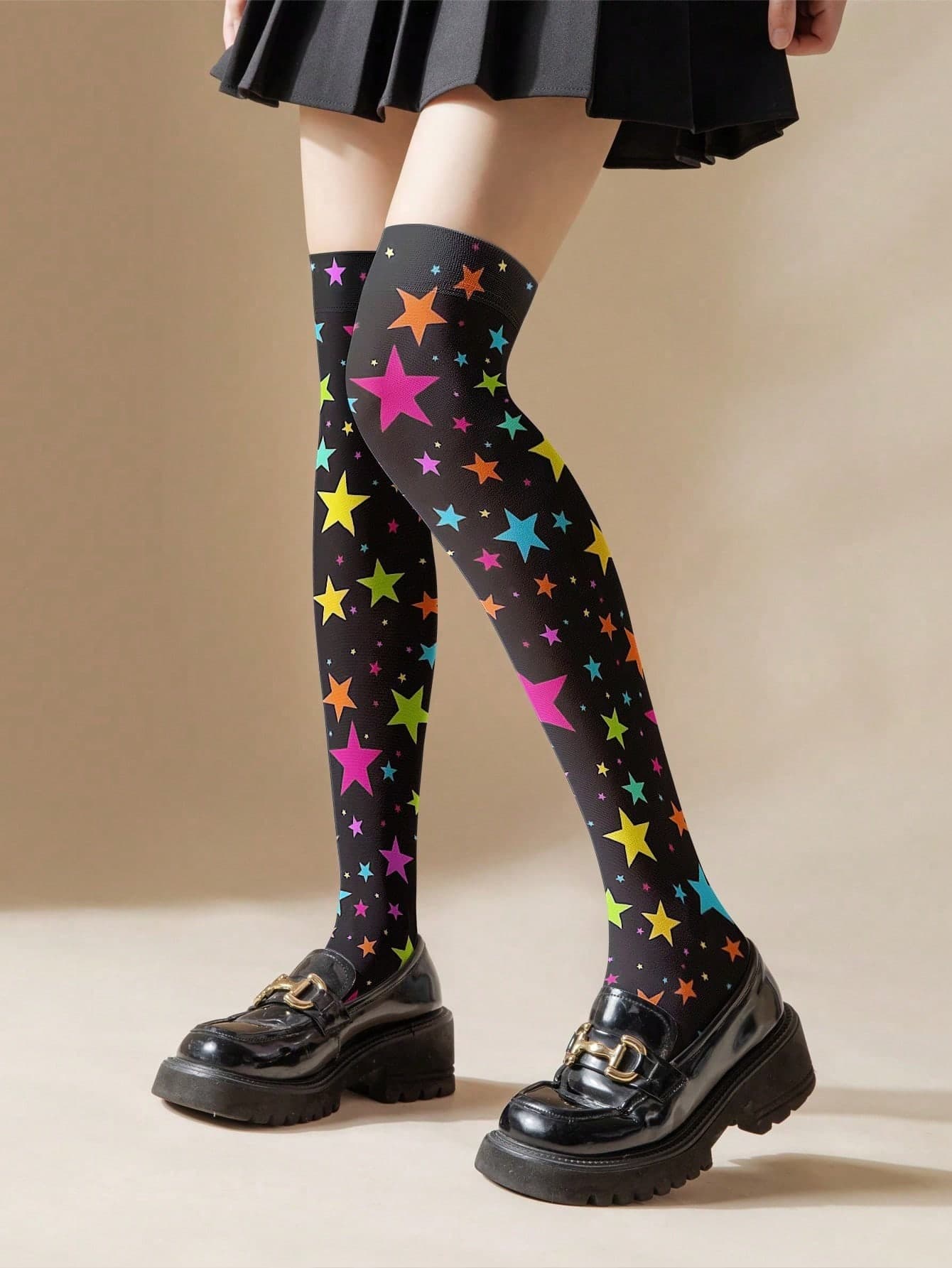 1/2 Pair Women's Ultra-Thin 3D Printed Colorful Star Pattern Fashionable Vibrant Element Over-The-Knee Tights, Slimming And Leg-Lengthening For Party And Holiday Outfits