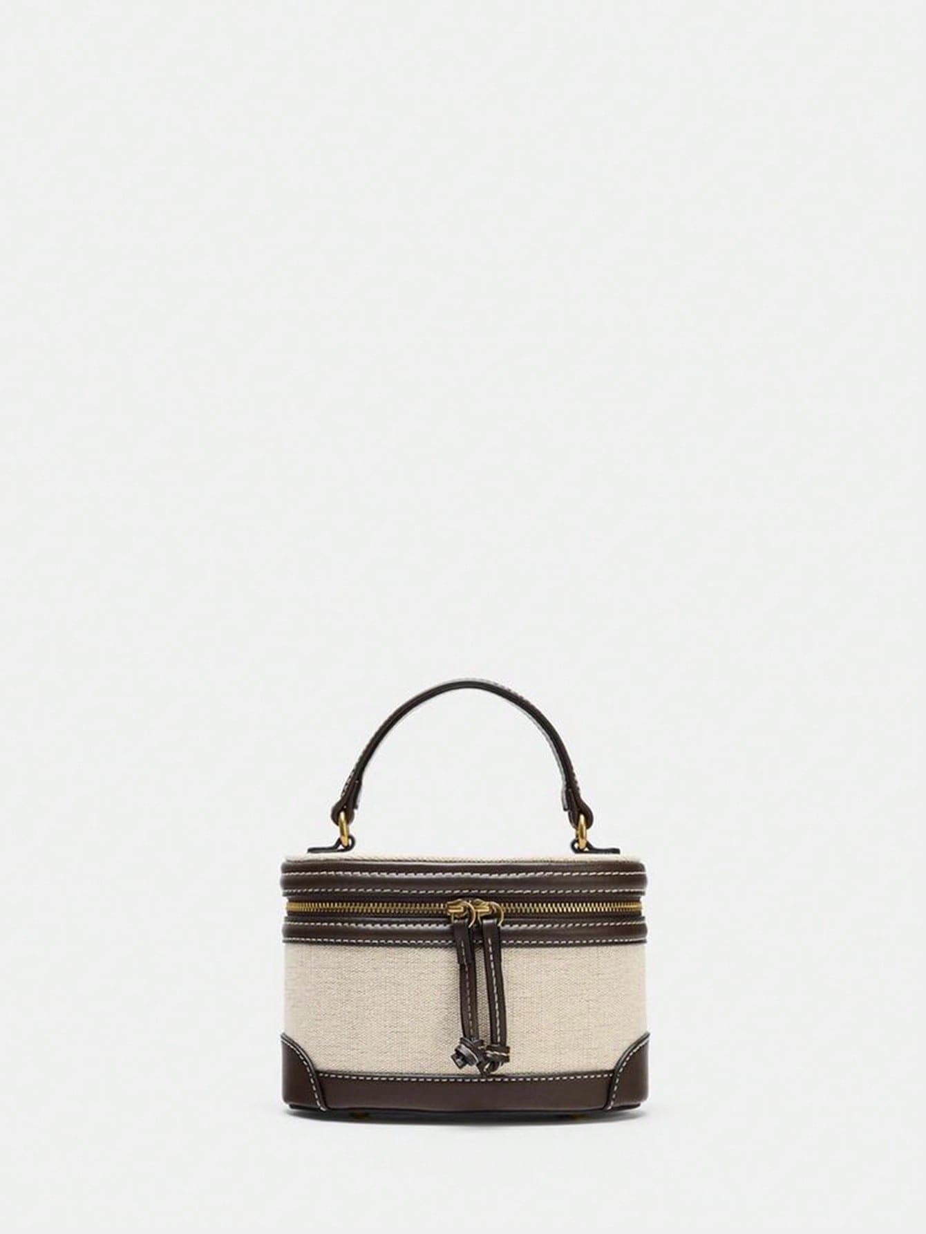 1pc Women's Fashion Beige Canvas Vintage Color Block PU Mini Handbag, Zipper Decor Minimalist Casual Shoulder Crossbody Bag With Adjustable Strap, Suitable For Daily Use, Shopping, Commuting, Gift