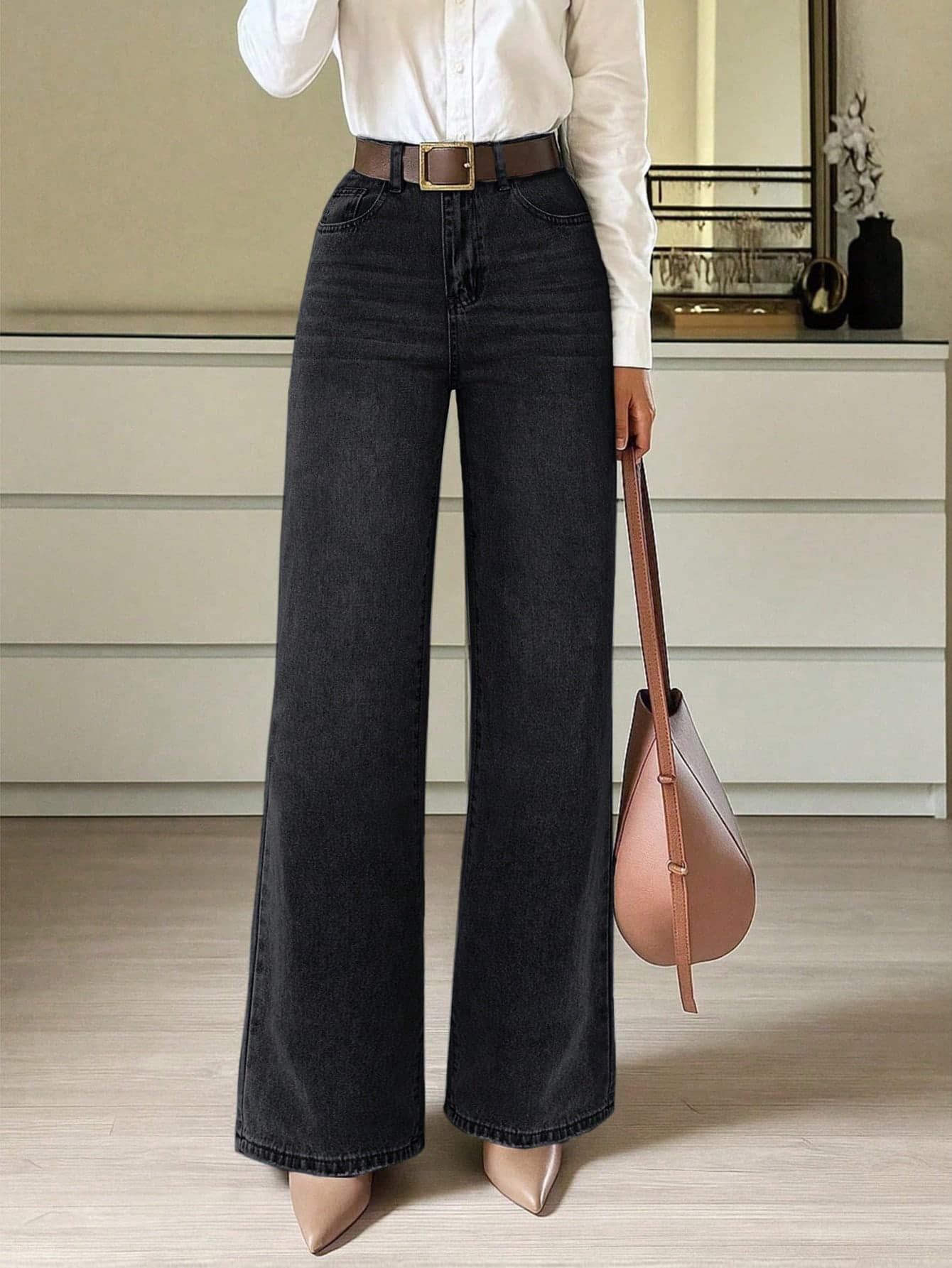 Women's Loose Straight Leg Jeans With Pockets, Simple Casual Elegant Versatile, Suitable For All Seasons, Perfect For Travel, Beach And Vacation Black