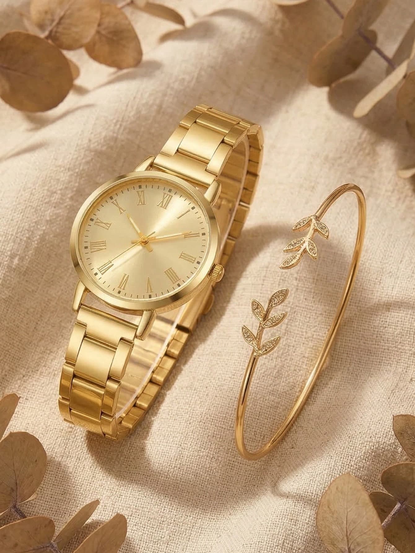 2pcs/Set Women's Watch, Minimalist Fashion Roman Numeral Dial Steel Strap Quartz Watch, Alloy Material, Comes With Alloy Bracelet, Suitable For Daily Wear Or Party Vacation, Watch & Bracelet Set, Holiday Gift, Women's Bracelet, Women's Watch, Adult Women's Gift, Gold Watch, Fashion Women's Watch, Watch, Women's Wristwatch, Gift For Women, Gift For Friends, Valentine's Day, Gift For Girlfriend