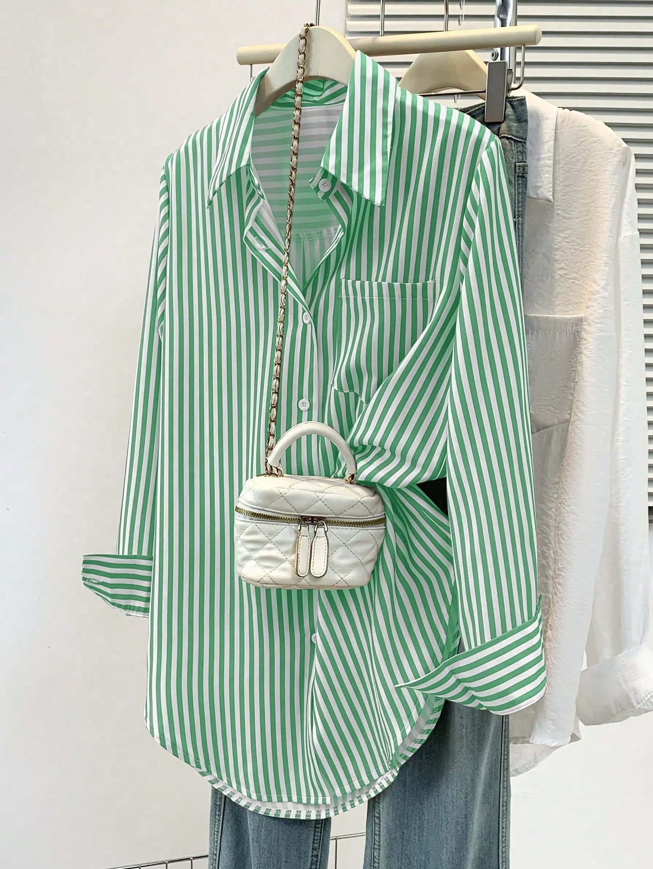 Plus Size Women's Casual Striped Long Sleeve Shirt, Pointed Collar Button Pocket Top For Daily, Office, Fall Winter Spring, Summer Outfits