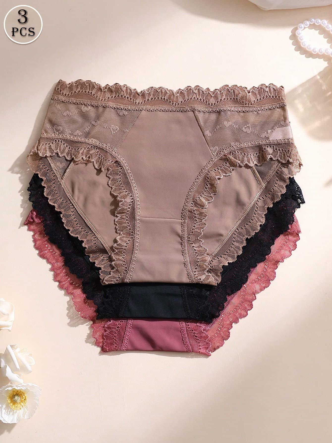 3pcs Women's Lace Patchwork Ice Silk Low Waist Seamless Panties, Sexy Soft Breathable Daily Casual Sports Yoga Underwear