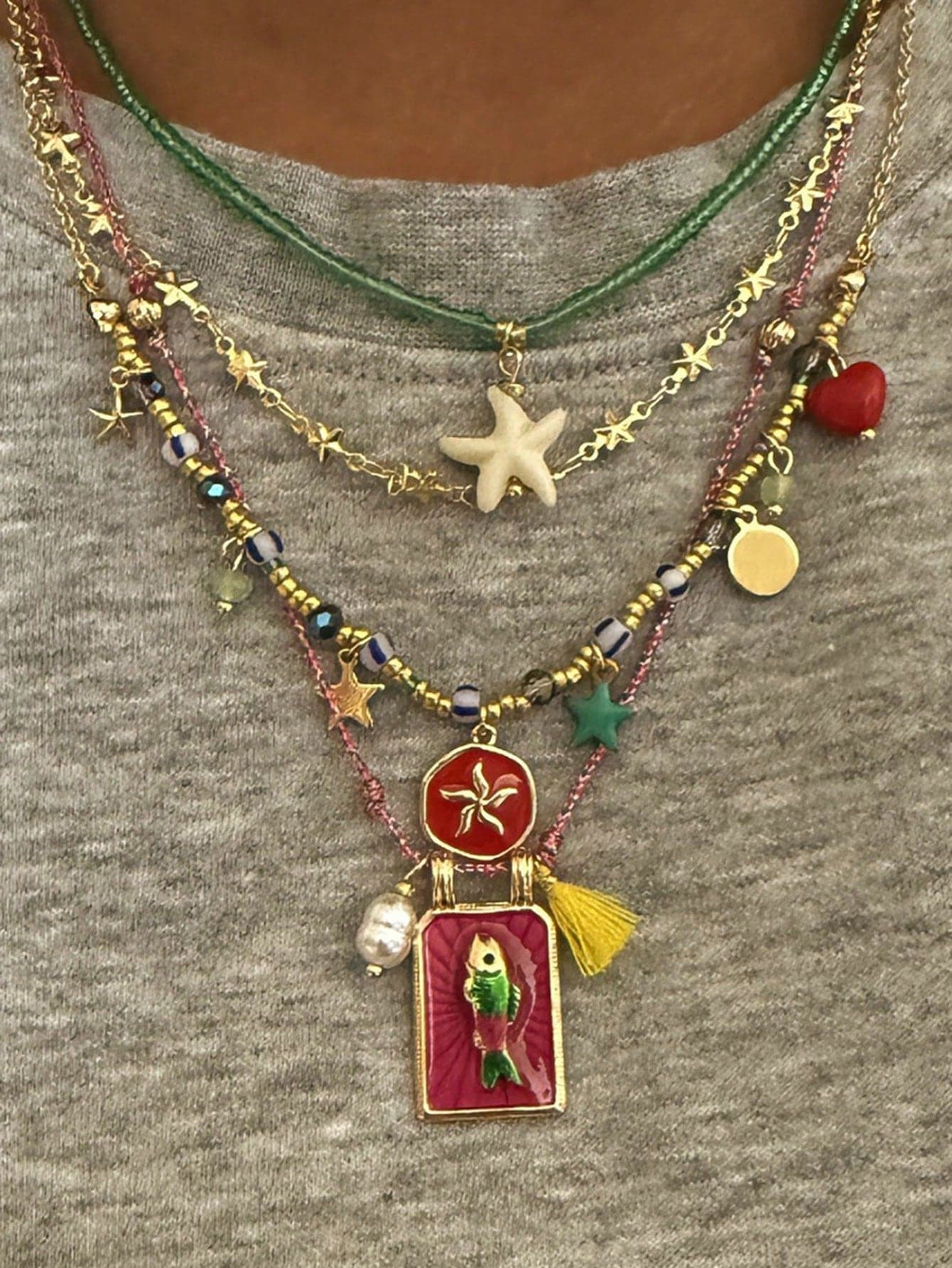 4pcs/Set Bohemian Handmade Colorful Braided Rope Starfish Multi- Heart Necklace, Suitable For Vacation, Festival, Party, Gift