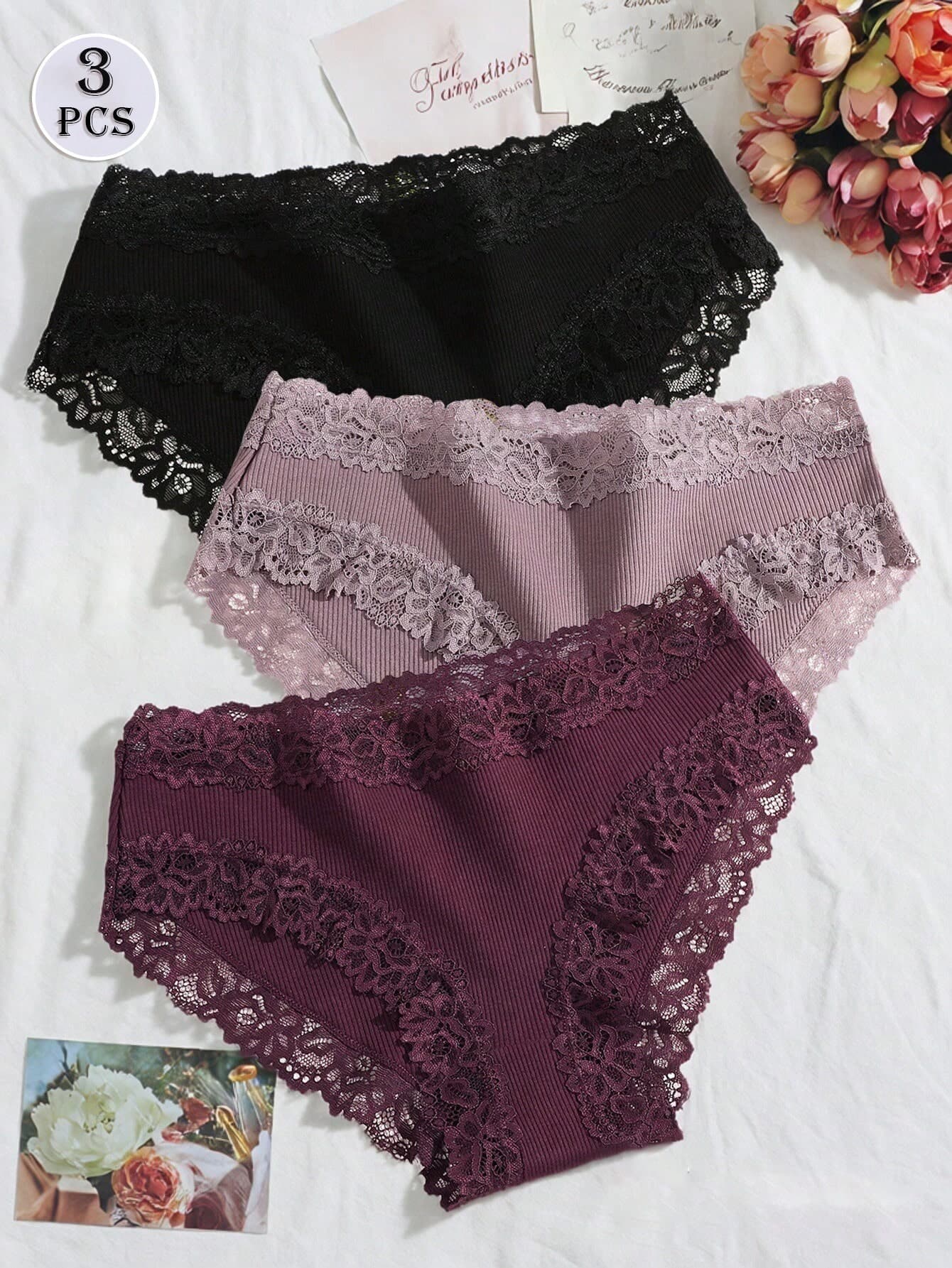 3pcs/Set Solid Color Cotton Ribbed Lace Patchwork Sexy Comfortable Women's Triangle Panties