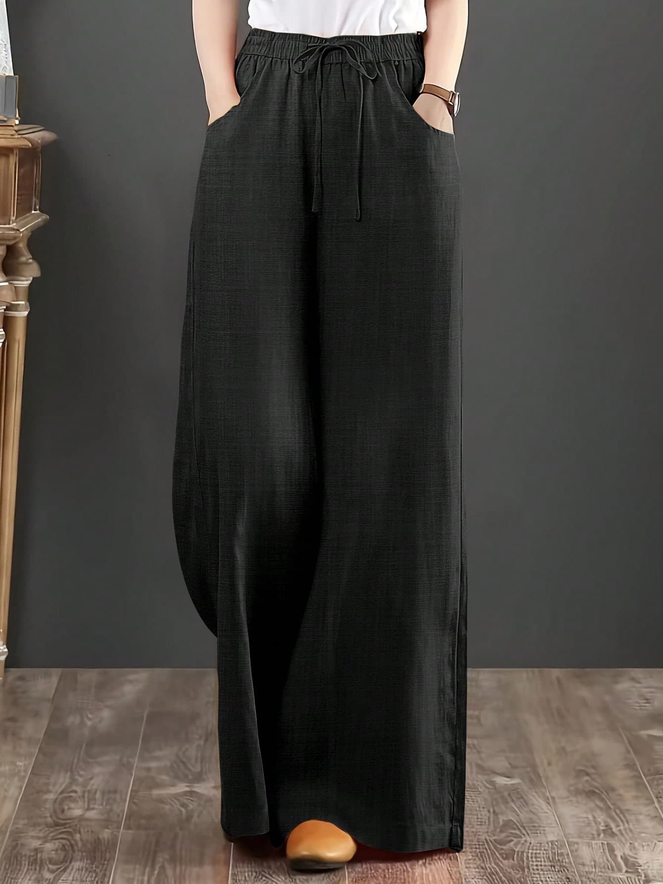 Loose Fit Women's Denim Effect Wide Leg Pants, Casual Long Trousers With Drawstring Pockets, Creating Comfortable Everyday Look Black